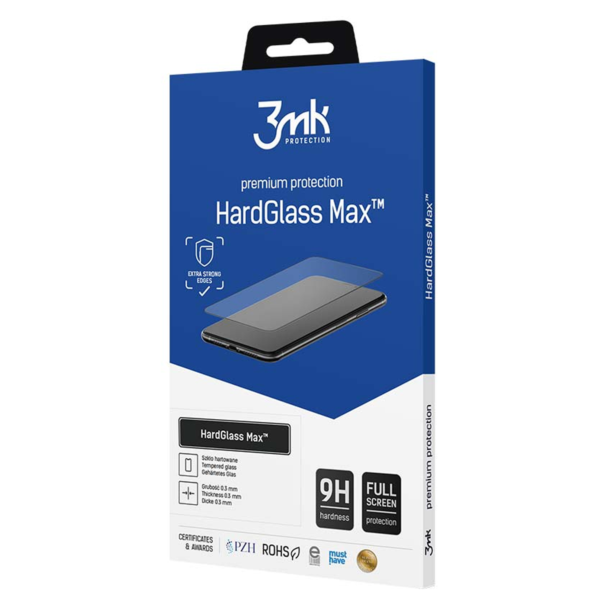 Scatola per protezione schermo HardGlass Max. Scatola blu con telefono e dettagli del prodotto. Contiene durezza 9H, protezione schermo intero.