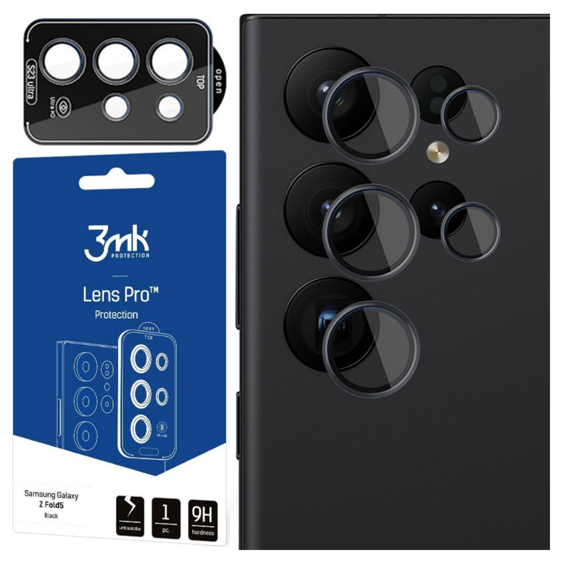 Wyświetlacz osłony obiektywu telefonu i telefonu z obiektywami aparatu. Ochraniacz jest dla Samsung Galaxy Z Fold5.