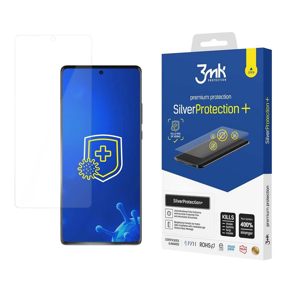 Una scatola per la protezione dello schermo del telefono. C'è scritto SilverProtection+ e ha una grafica del telefono e un segno più.