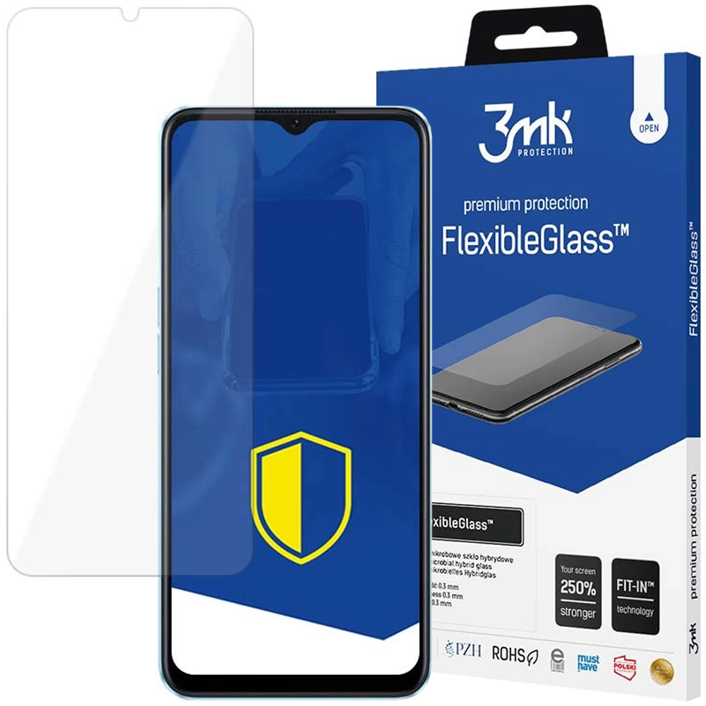 Uno smartphone con protezione schermo e una scatola con la scritta FlexibleGlass. La protezione schermo è trasparente.