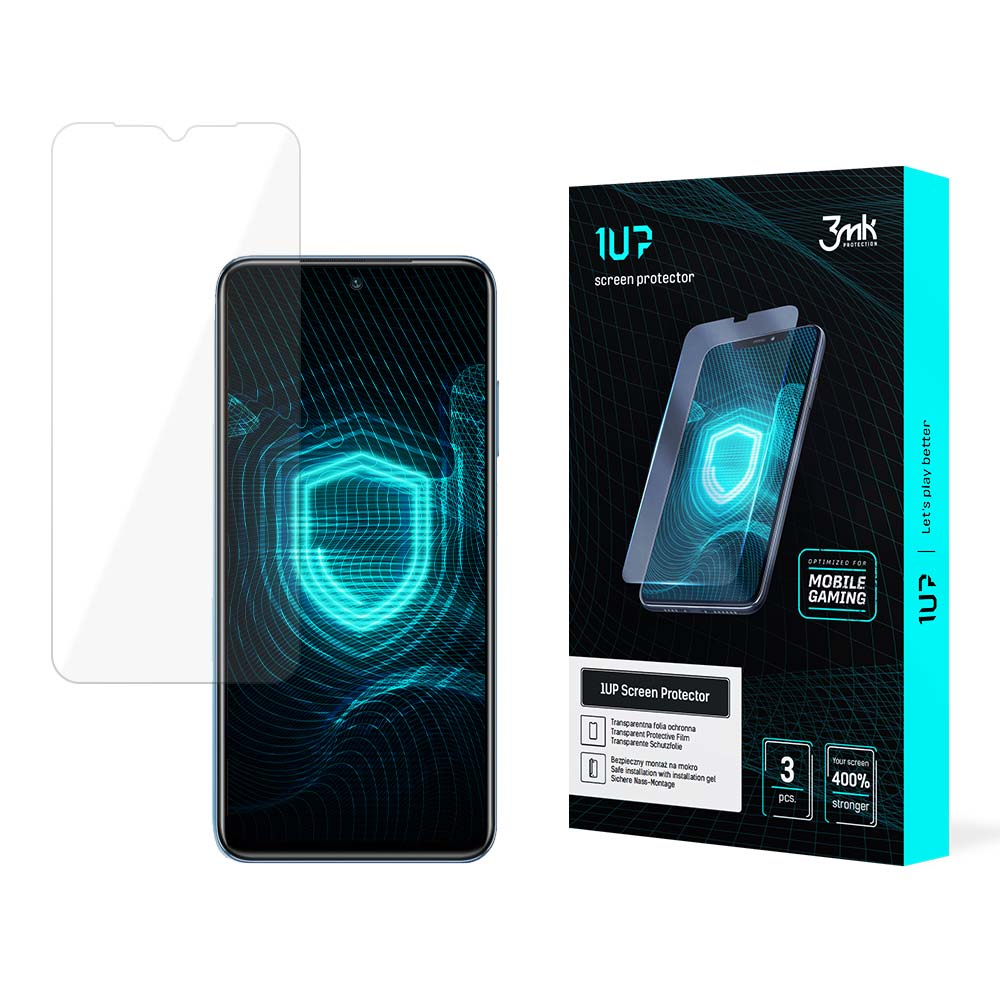 Un teléfono con protector de pantalla, una caja con el protector de pantalla y un protector de pantalla separado. La caja dice '1UP screen protector'.