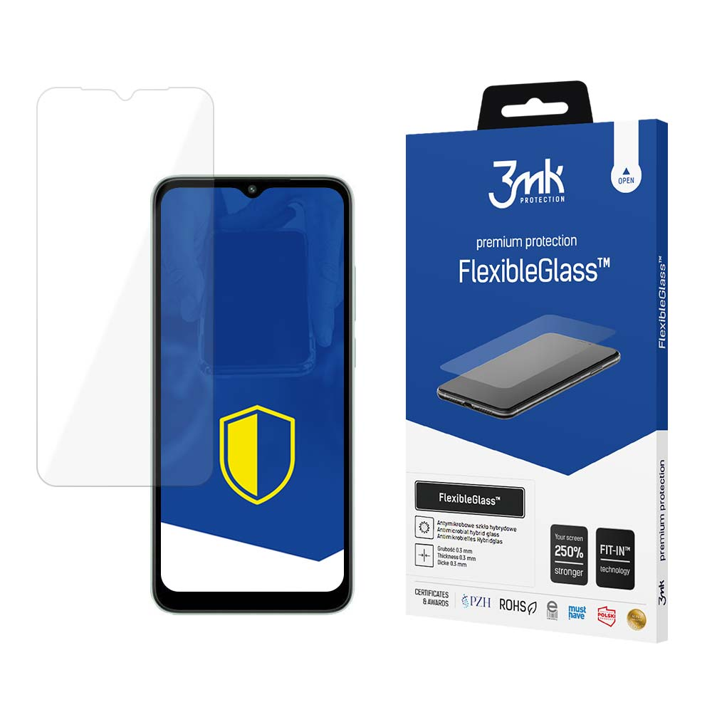 Un proteggi schermo e una scatola con la scritta FlexibleGlass. Il proteggi schermo è su un telefono.