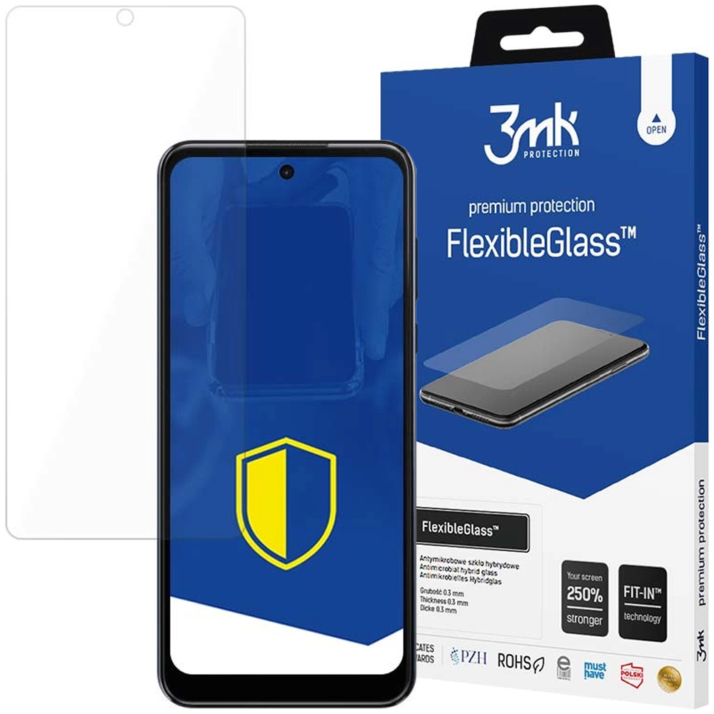 Un telefono con protezione schermo e confezione. La confezione riporta 'FlexibleGlass' e 'premium protection'.