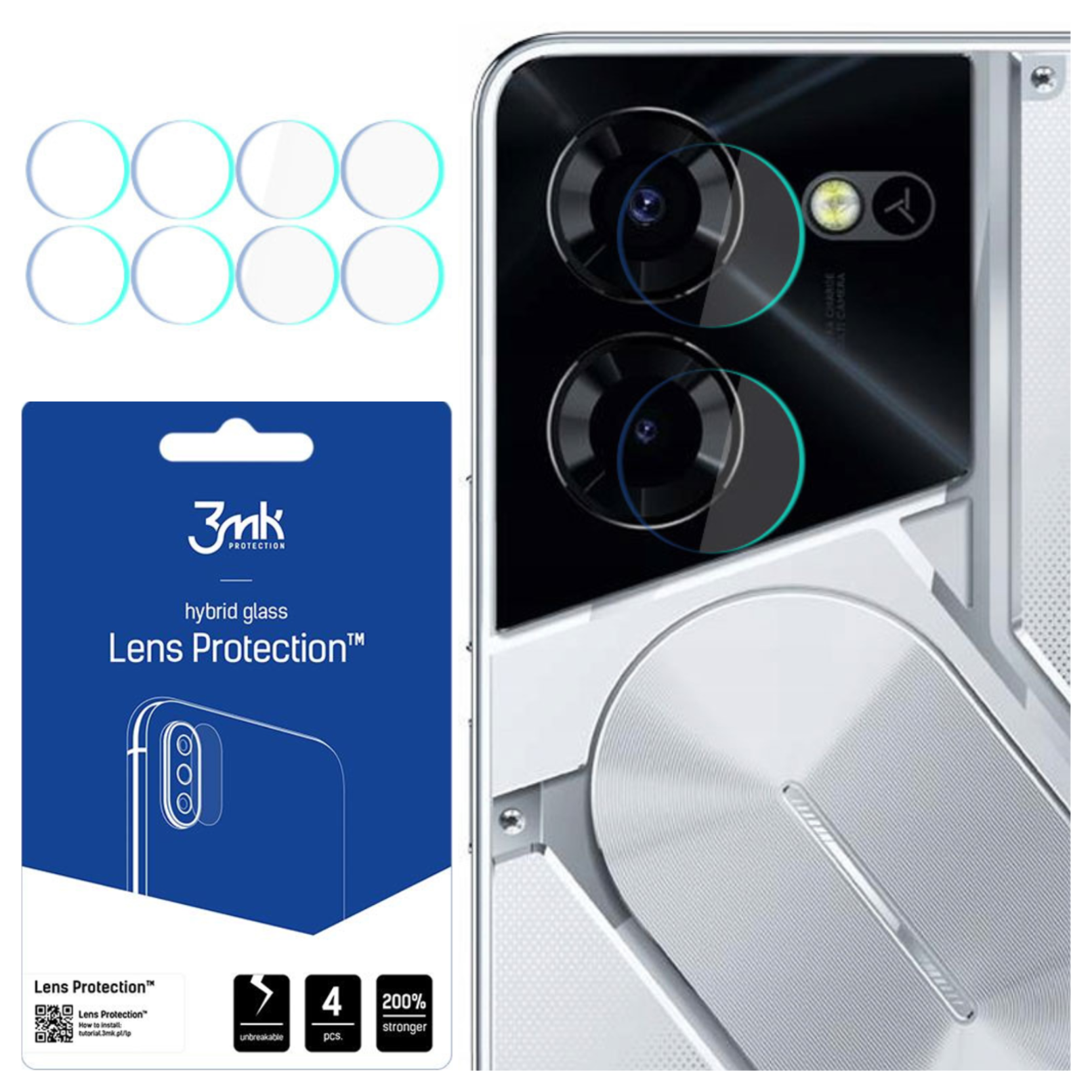 Un telefono e protezioni per lenti sono esposti. Le protezioni sono rotonde e la confezione è blu con testo bianco.