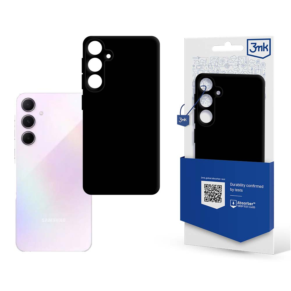 Etui na telefon i telefon są wyświetlane z opakowaniem. Telefon jest biały. Etui jest czarne. Opakowanie ma tekst i kod QR.