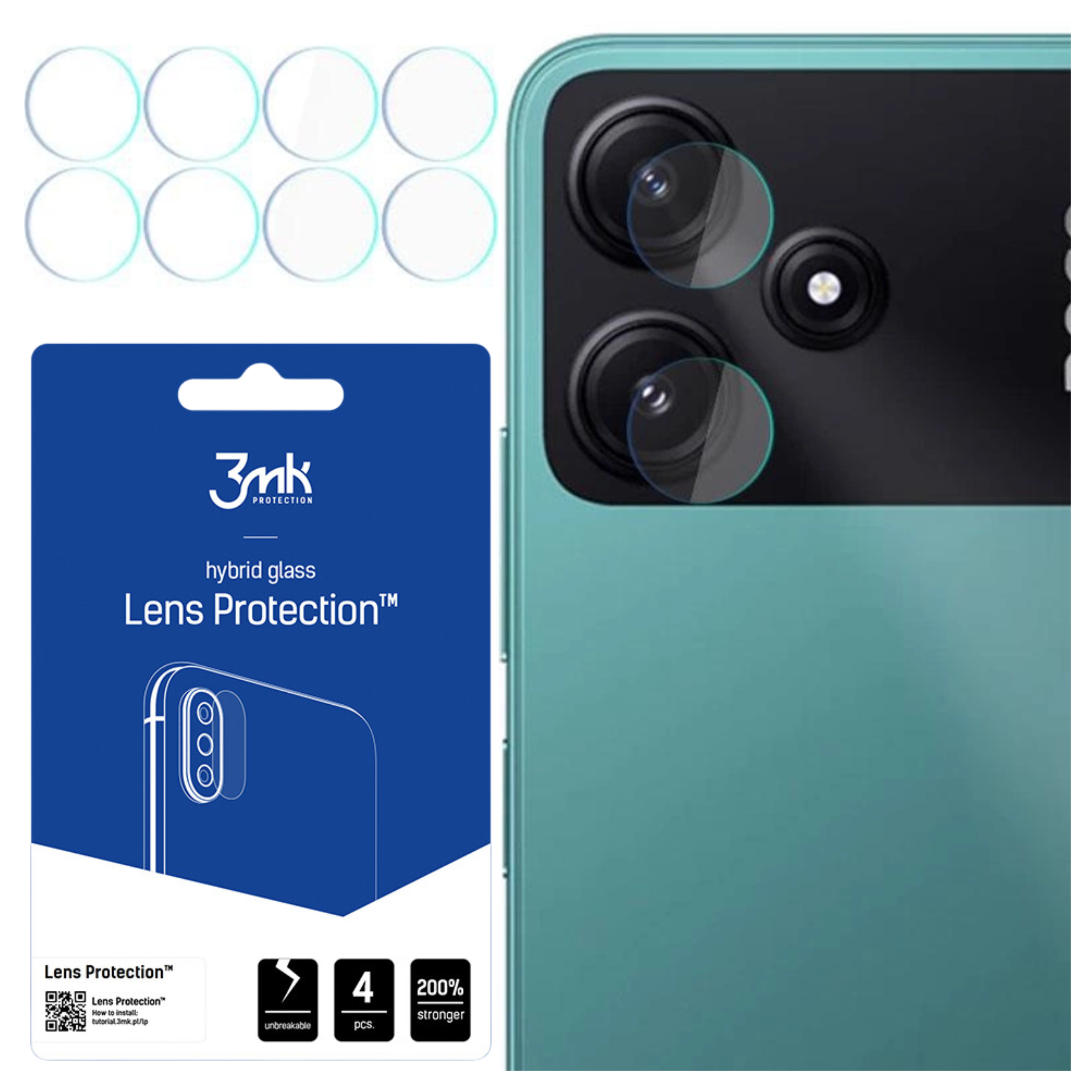 Un retro del telefono con protezioni per lenti della fotocamera, un pacchetto blu con protezione per lenti e protezioni circolari.