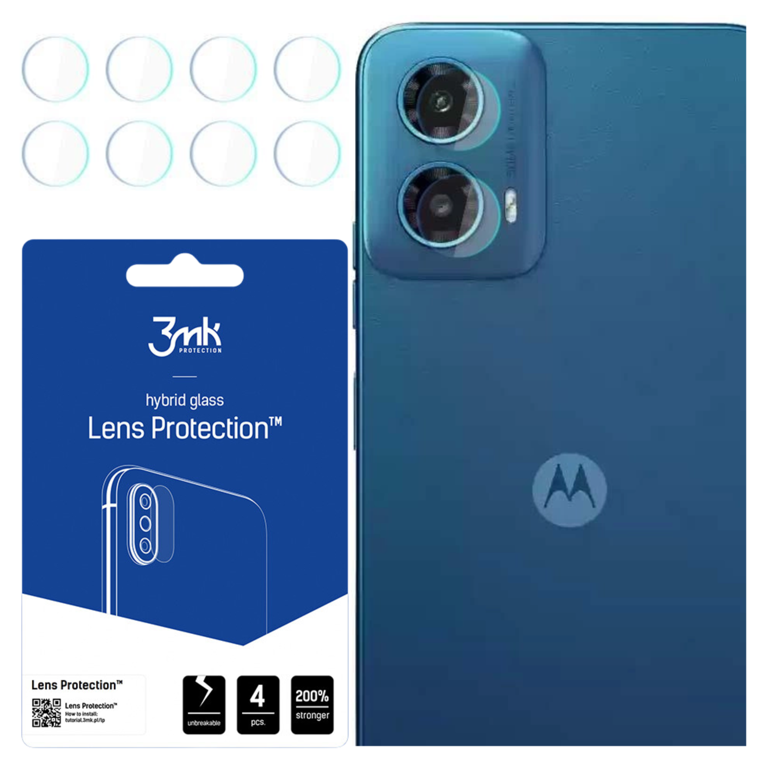 Un telefono e protezioni per lenti. Un telefono blu a destra, con un pacco di protezione a sinistra.