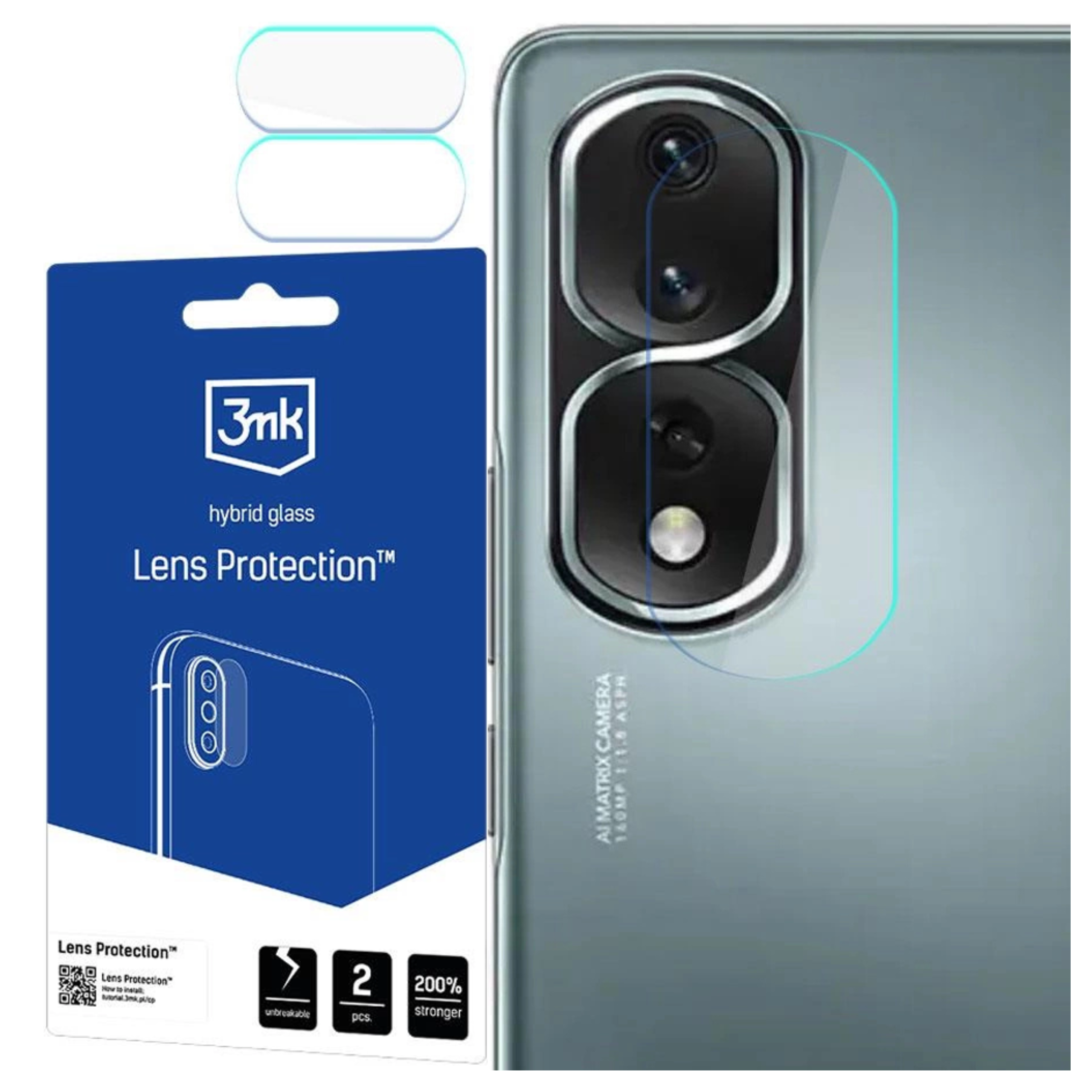 Sono mostrati un telefono e un proteggi obiettivo. Il proteggi è sulla fotocamera del telefono e la confezione a sinistra.