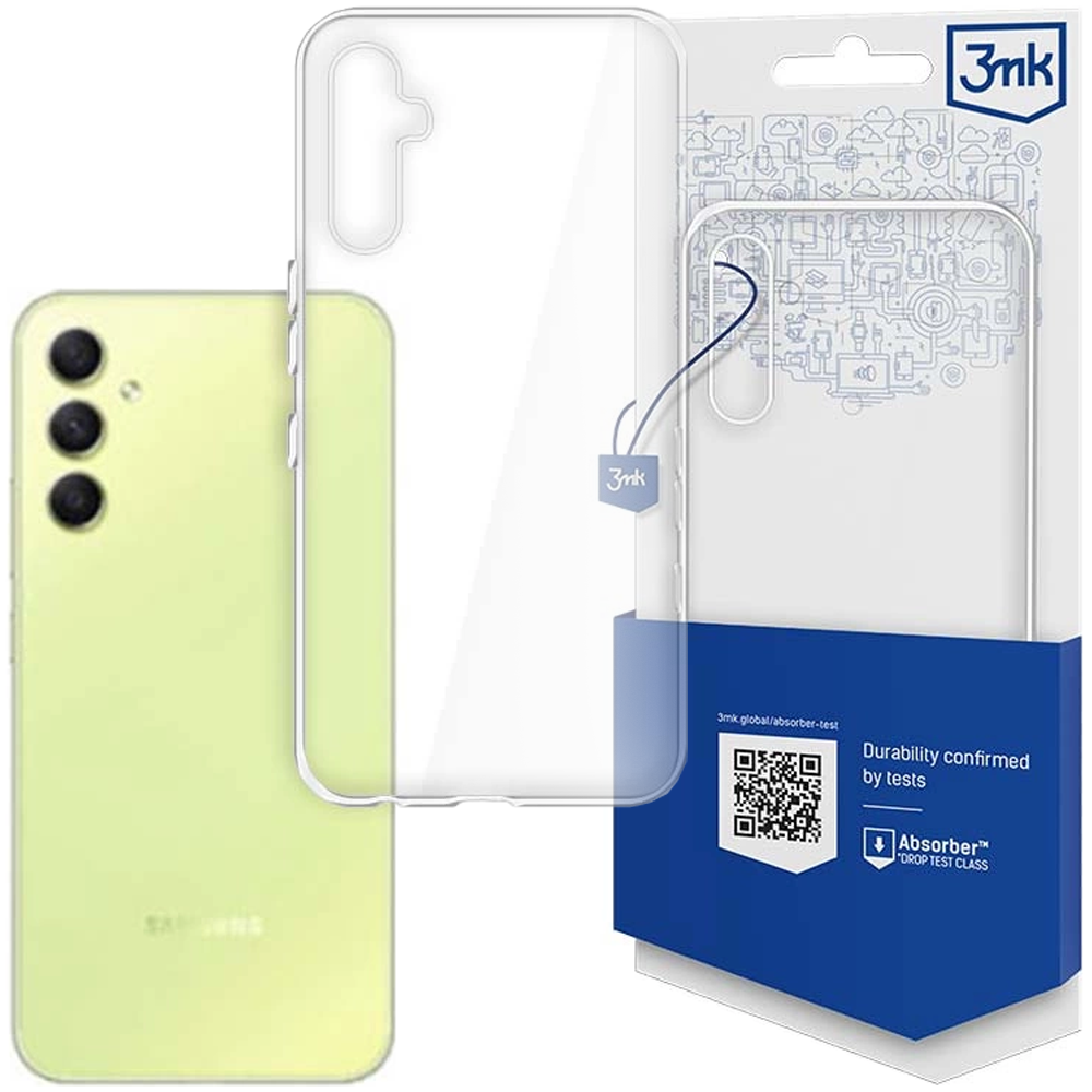 Telefon i przezroczyste etui przed niebiesko-białym opakowaniem. Opakowanie ma ilustrację etui na telefon i kod QR.