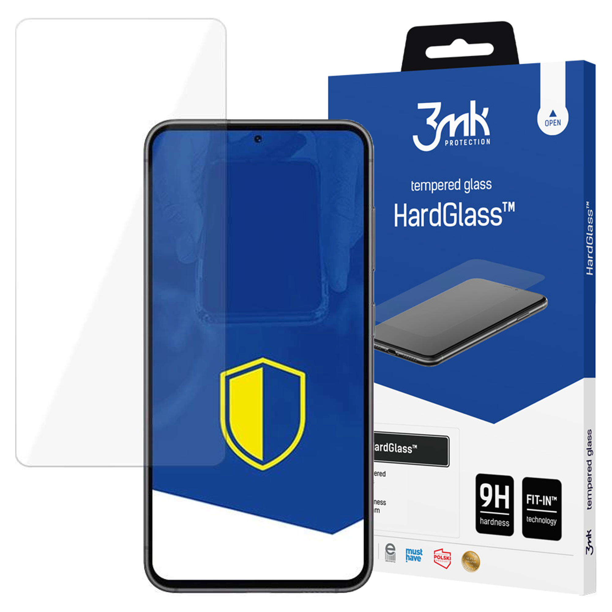 Un proteggi schermo per telefono e una scatola. La scatola è blu, il proteggi schermo è trasparente. Il testo include 'HardGlass'.