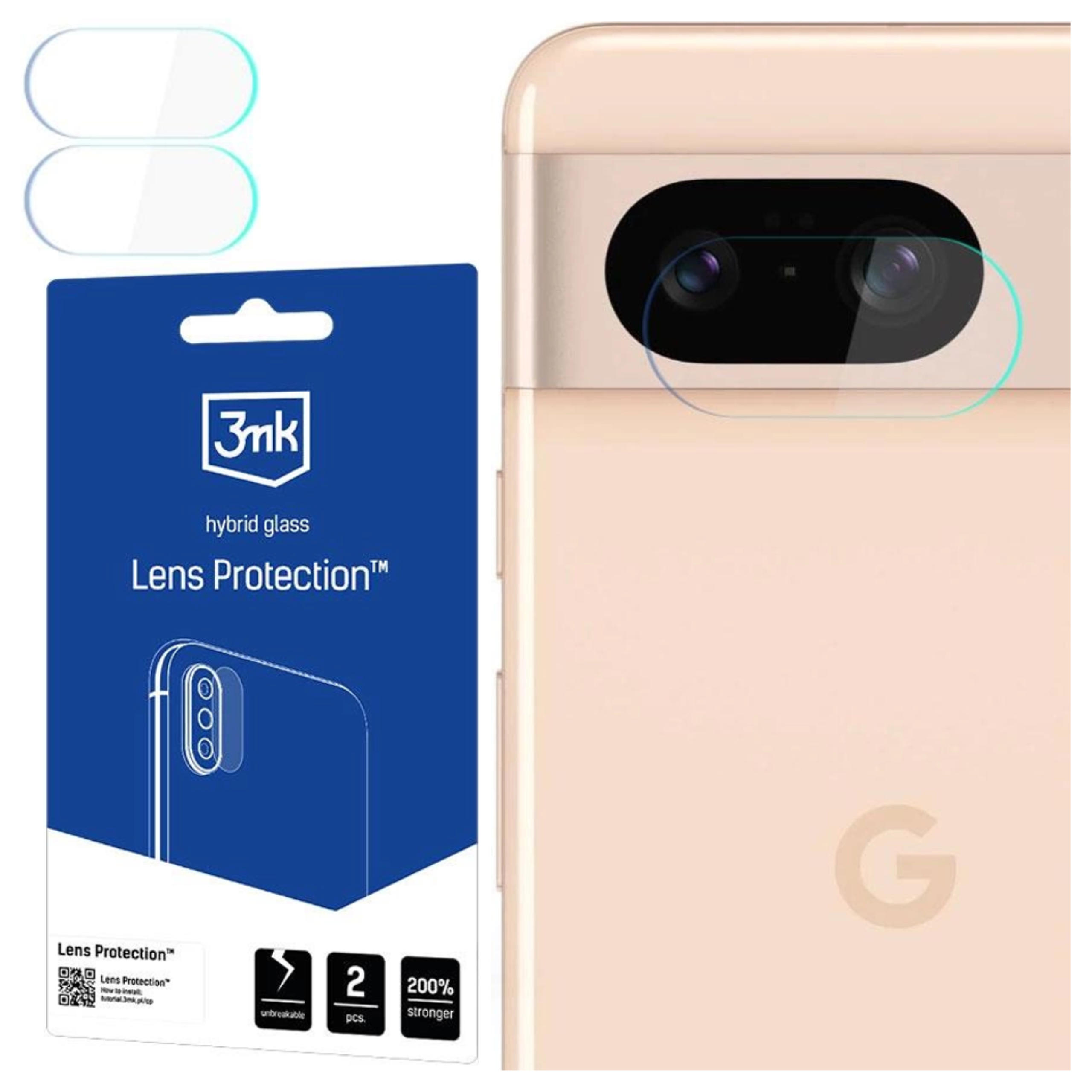 Vengono mostrati un telefono e una confezione di protezione per lenti. La protezione per lenti è applicata alla fotocamera.