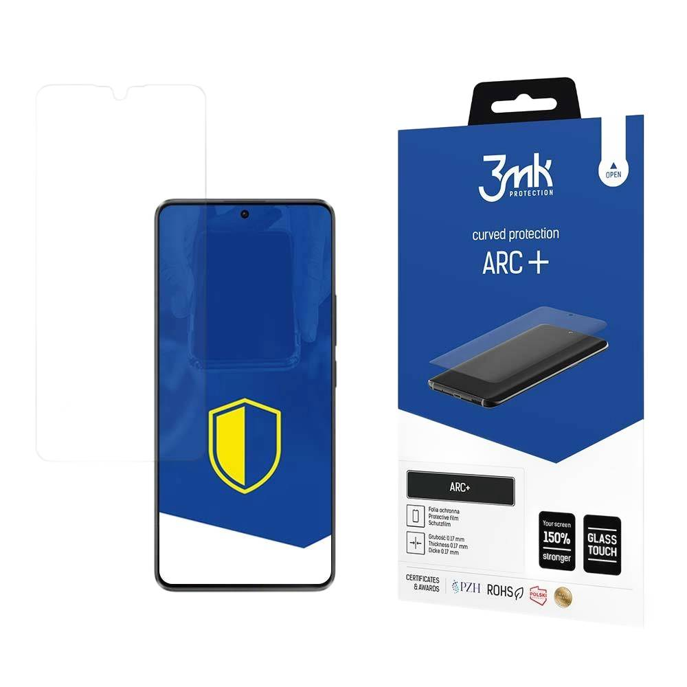 Un proteggi schermo e una scatola. La scatola è blu con il marchio 3mk. Il proteggi schermo è trasparente.