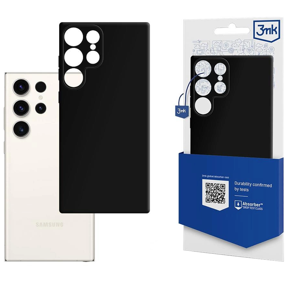 Wyświetlany jest biały telefon Samsung, czarne etui na telefon i zapakowane czarne etui na telefon. Opakowanie ma niebiesko-biały wzór.