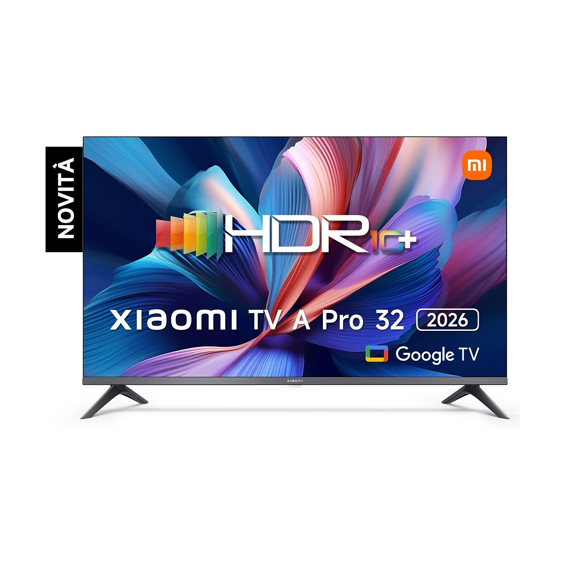 Xiaomi TV A Pro 32 cale, Google TV. Wyświetlacz ma kolorowe, abstrakcyjne tło. Logo i HDR+ są widoczne.