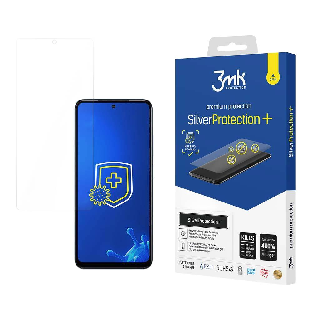 Una scatola per la protezione dello schermo del telefono e una protezione separata. La scatola dice Silver Protection+, uccide il 99% dei germi.