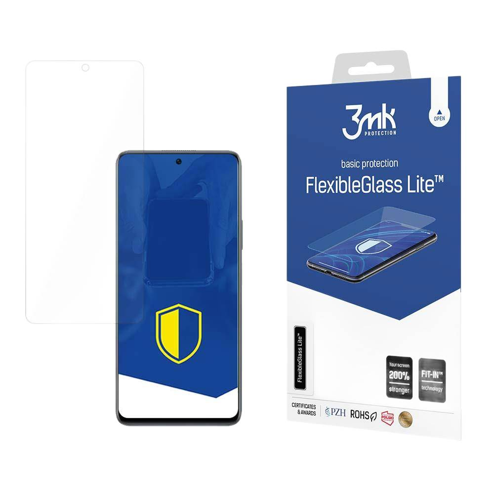 Un telefono con protezione schermo, scatola e protezione extra. La scatola dice FlexibleGlass Lite e presenta il logo del marchio.