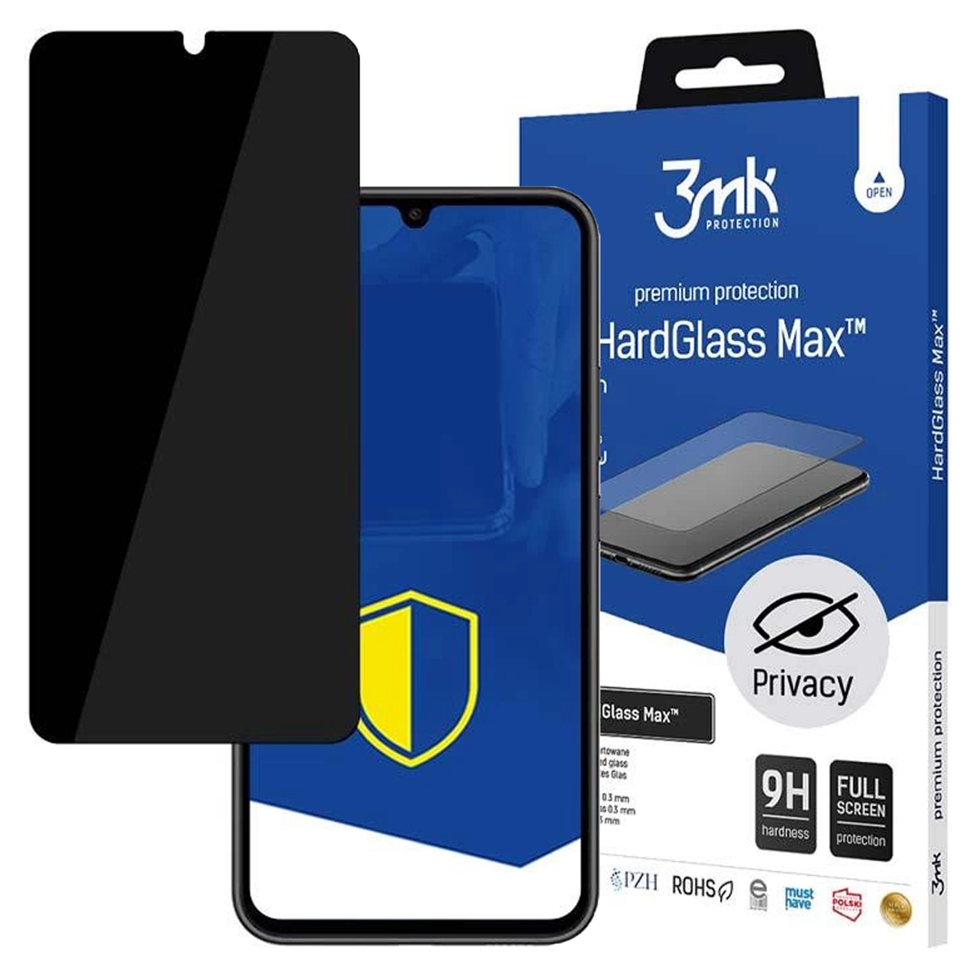 Proteggi schermo e scatola. La scatola ha il marchio 3mk e il nome del prodotto HardGlass Max.