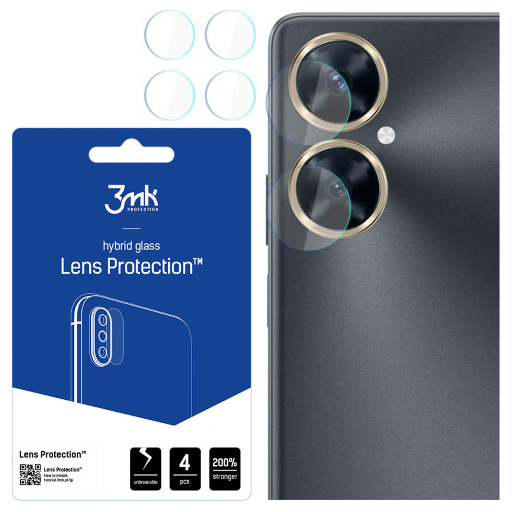 Un telefono con protezioni per lenti della fotocamera. Quattro protezioni sopra il telefono e una scatola del prodotto a sinistra.