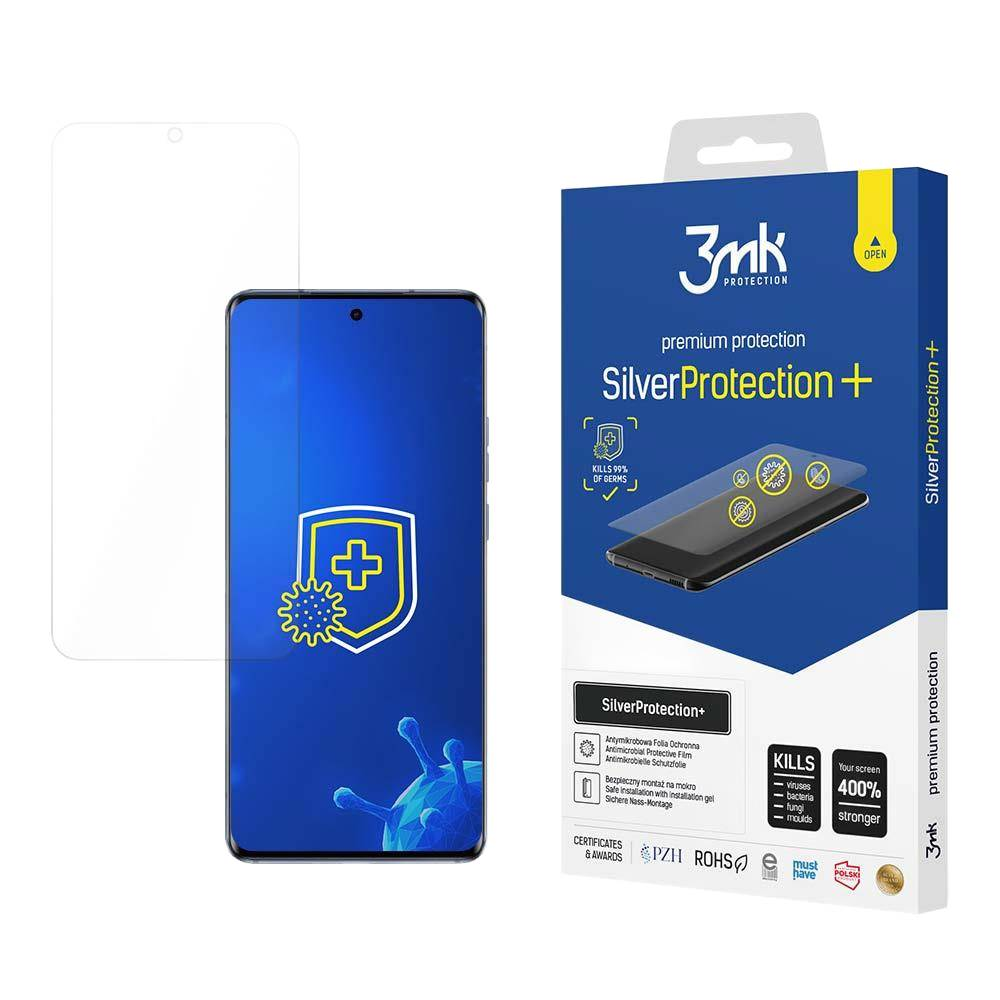 Un proteggi schermo per telefono e la sua scatola sono mostrati. La scatola dice Silver Protection+, e il proteggi schermo ha un simbolo a croce.
