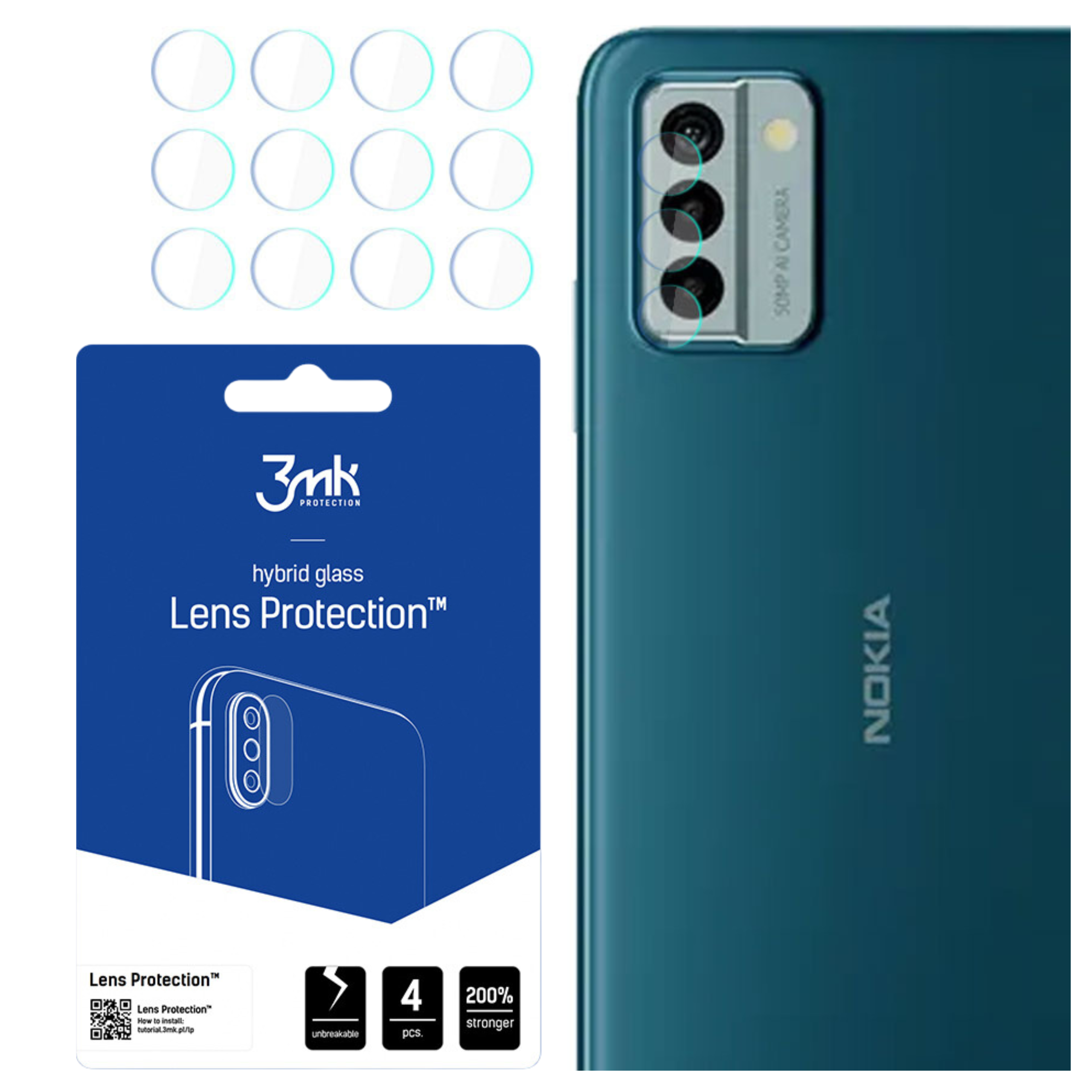 L'immagine mostra un telefono con protezioni per lenti. La confezione mostra protezioni, immagine del telefono e dettagli del prodotto. Telefono Nokia.