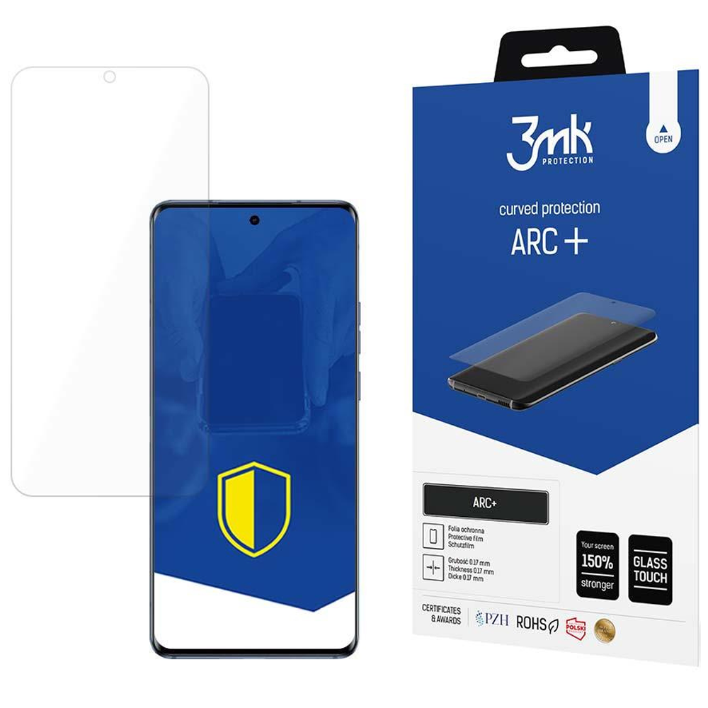 Una scatola per la protezione dello schermo del telefono. È blu con testo bianco e una grafica del telefono. C'è un protettore trasparente accanto.