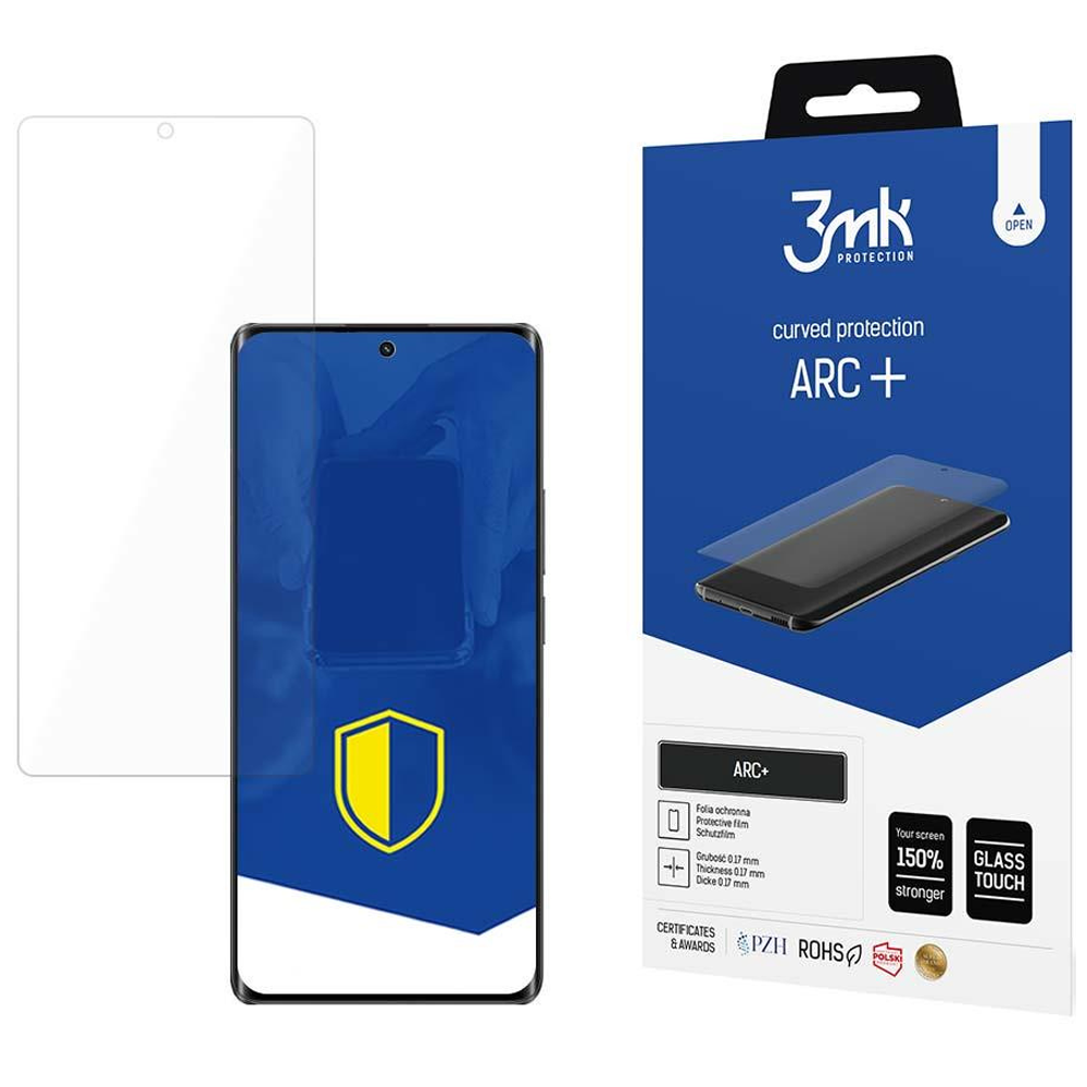Una scatola di protezione per lo schermo del telefono con telefono e protezione visibili. Testo: curved protection ARC+ e 3mk PROTECTION.