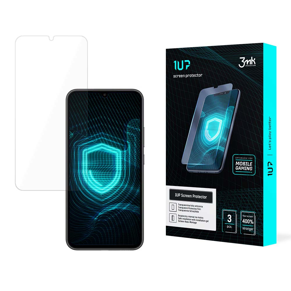 Un kit di protezione dello schermo del telefono. Include uno schermo, un telefono e una scatola con il protettore.
