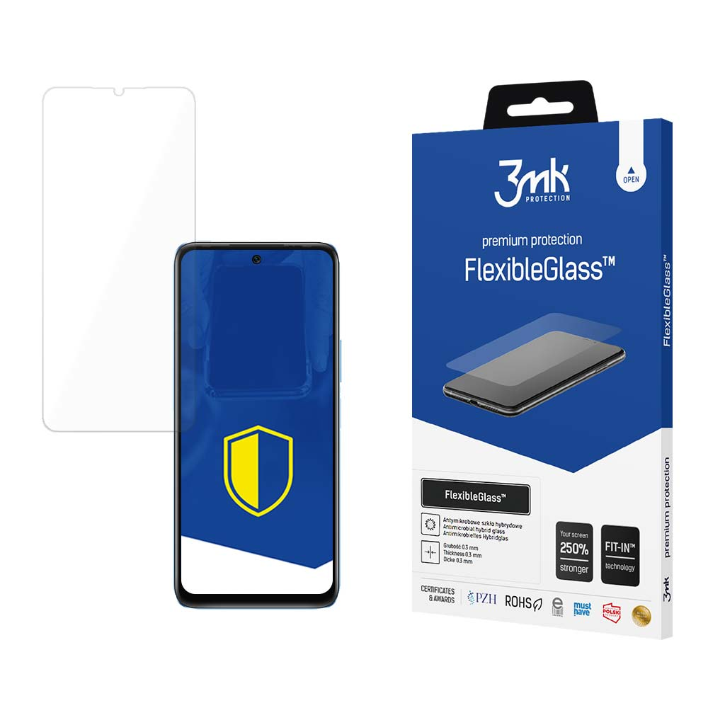 Un telefono e una protezione per lo schermo sono esposti. La protezione è trasparente e la scatola dice FlexibleGlass, con il logo 3mk.