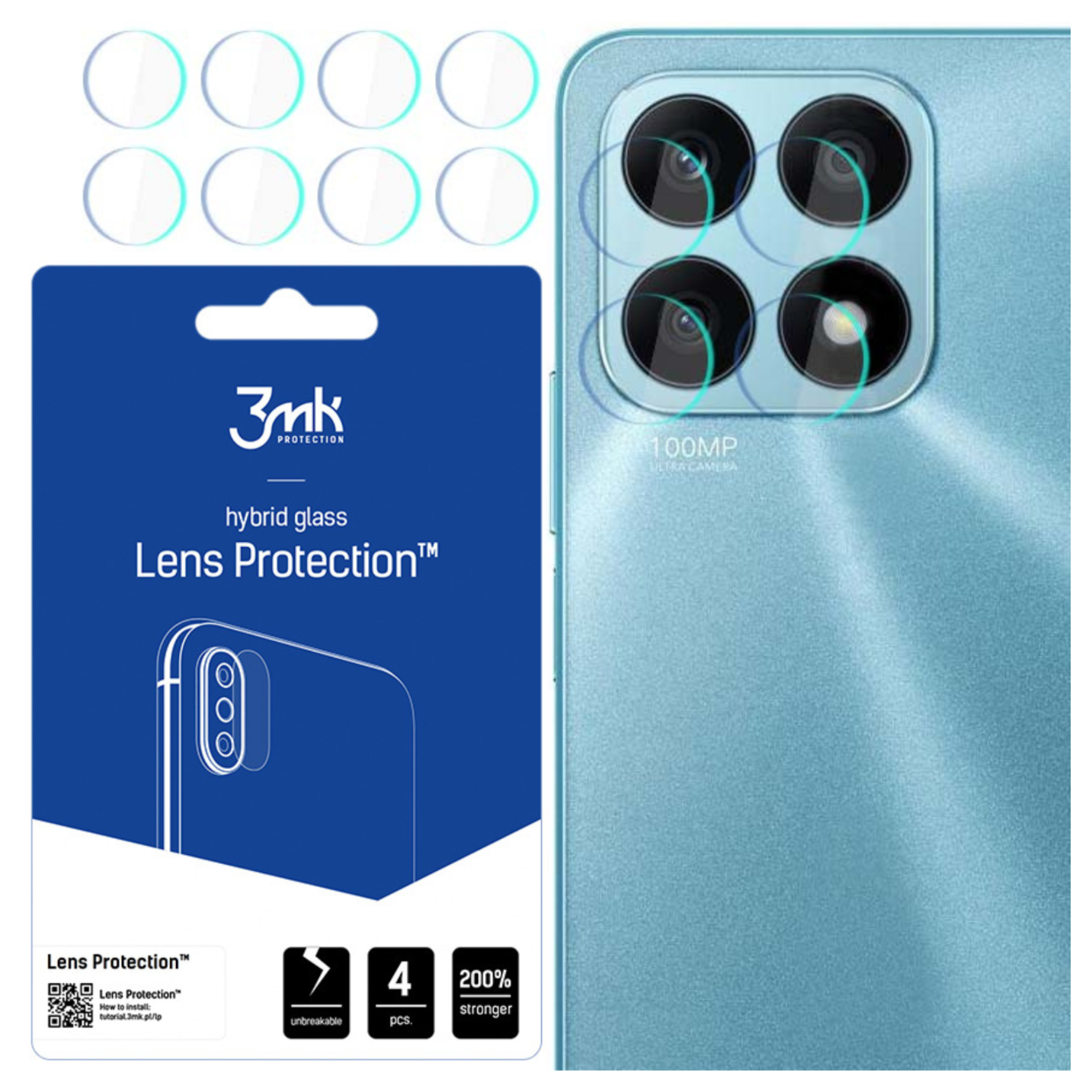 L'immagine mostra protezioni per lenti e uno smartphone. Le protezioni sono cerchi trasparenti. Il telefono è azzurro con un array di fotocamere.