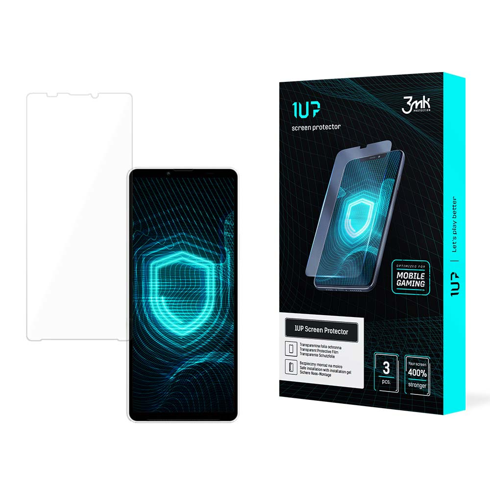 Un kit di protezione dello schermo del telefono, con telefono, protezione e scatola. La scatola pubblicizza il gioco mobile.