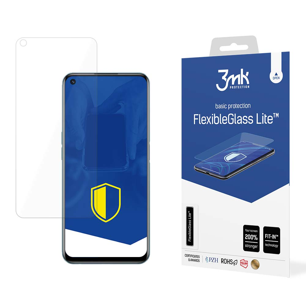 Un telefono e una protezione per lo schermo sono visualizzati. La scatola della protezione mostra un telefono con una protezione.