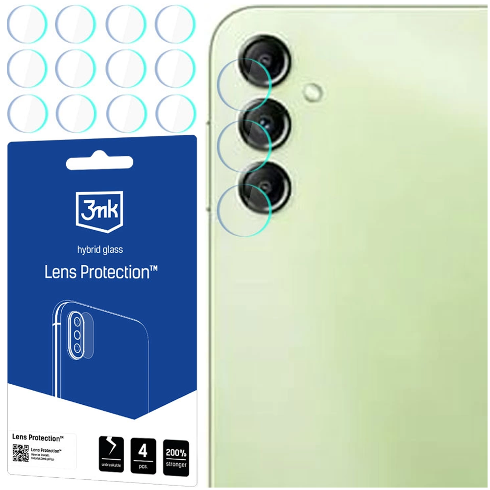 Obraz przedstawia tył telefonu z obiektywami aparatu i osłonami obiektywów w opakowaniu. Na opakowaniu znajduje się napis 'Lens Protection'.