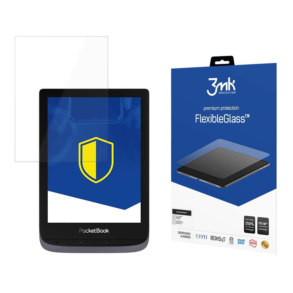 Un e-reader PocketBook con protezione schermo accanto a una scatola 3mk FlexibleGlass. Lo schermo mostra uno scudo giallo su blu.
