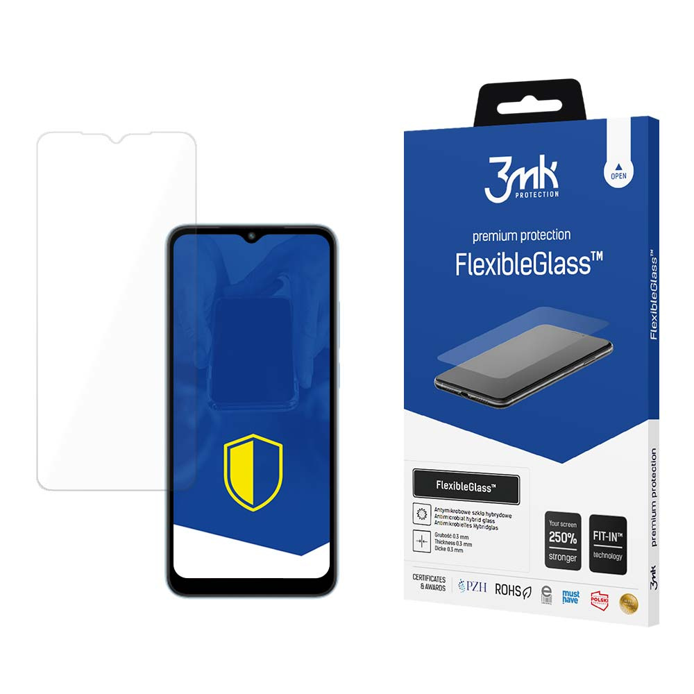 Un telefono con una protezione per lo schermo e una scatola di FlexibleGlass, un marchio di protezioni per lo schermo.