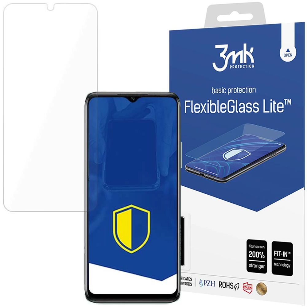 Un proteggi schermo per telefono e una scatola. La scatola riporta il testo: FlexibleGlass Lite. Il telefono mostra uno scudo giallo e blu.