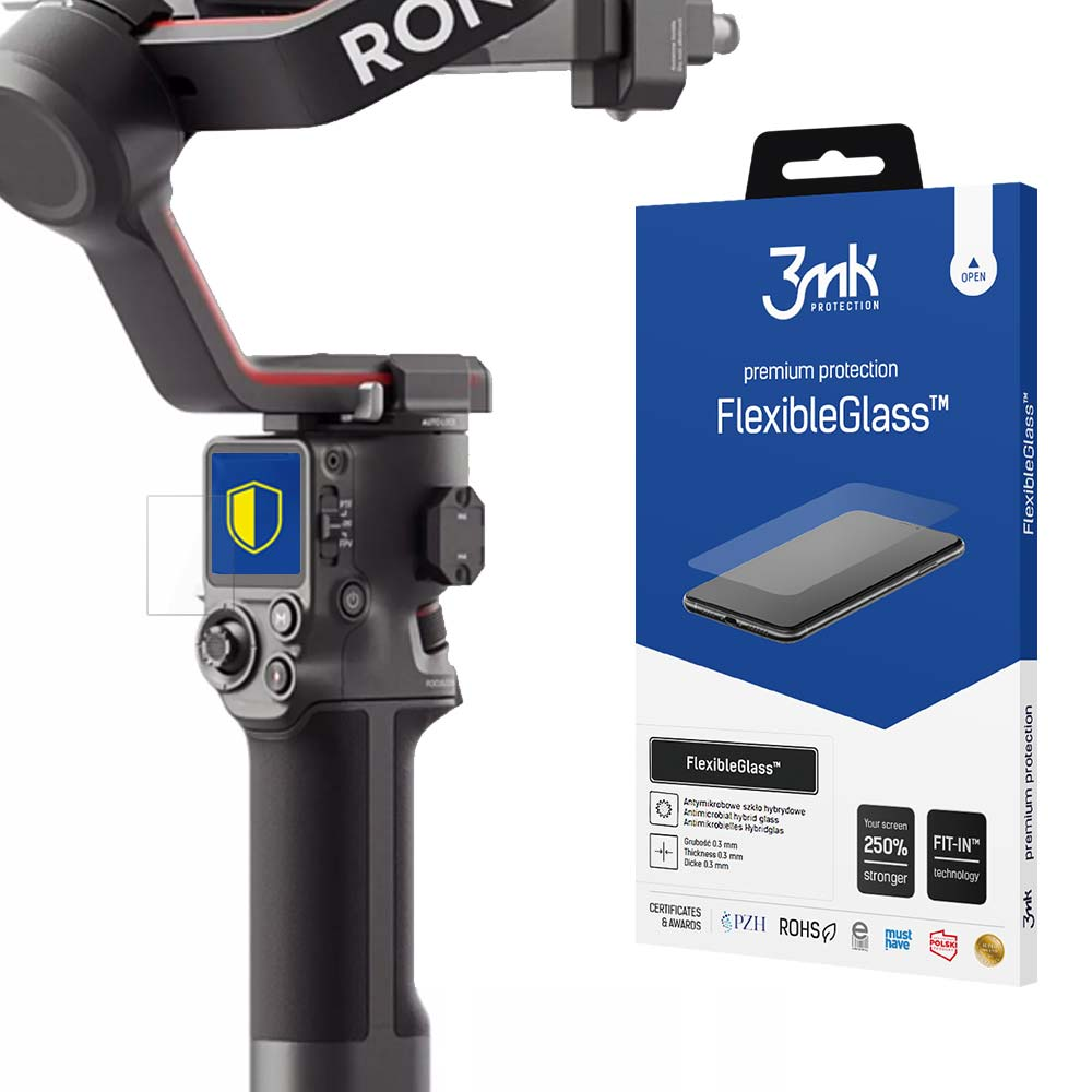 Uno stabilizzatore gimbal con una scatola di protezione per lo schermo del telefono. La scatola è blu, con un'immagine del telefono e testo.