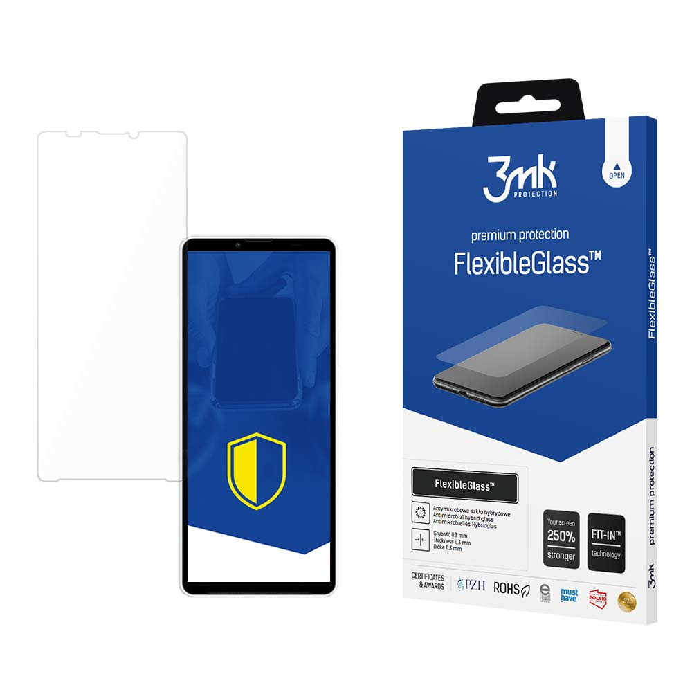 Un telefono e una scatola di protezione dello schermo sono mostrati. La scatola dice 'FlexibleGlass' e '3mk Protection'.