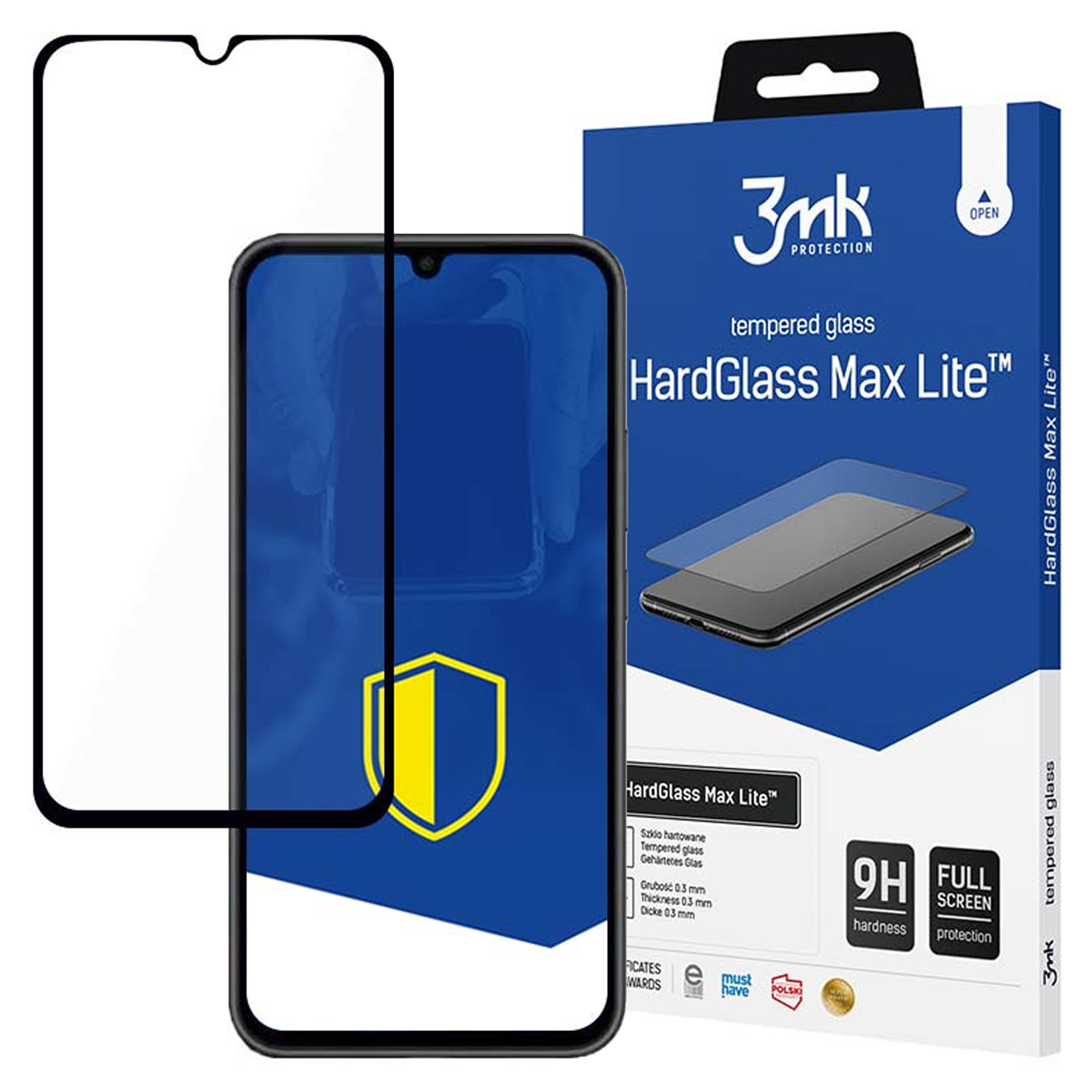 Un proteggi schermo e un telefono sono esposti con una scatola blu. La confezione dice HardGlass Max Lite.