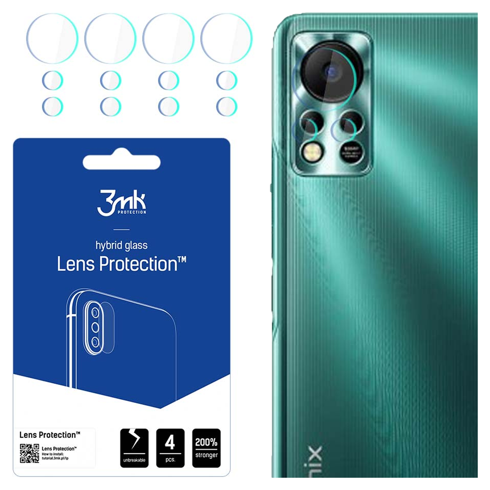 L'immagine mostra un kit di protezione per telefono, protezioni per lenti e un telefono verde acqua. Il testo sulla confezione dice Protezione lenti.