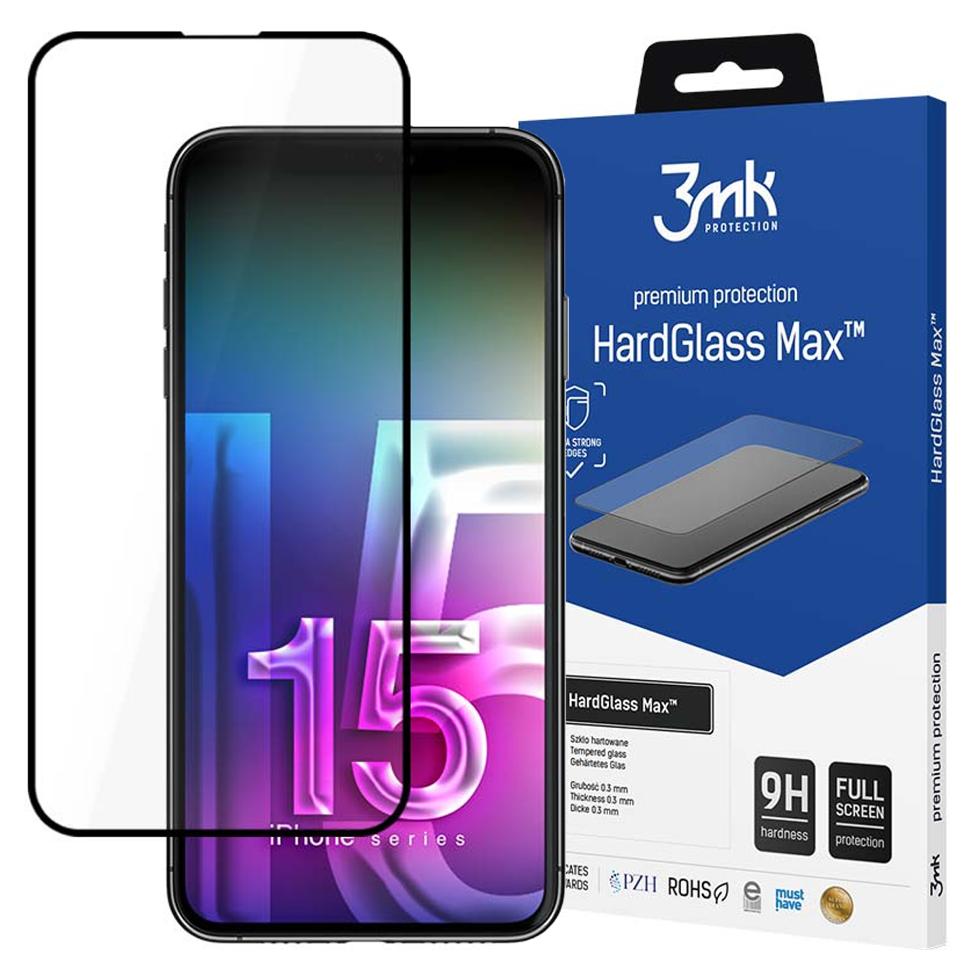 Un telefono e un proteggi schermo sono in mostra. La scatola del proteggi schermo presenta le parole 'HardGlass Max' e '9H hardness'.