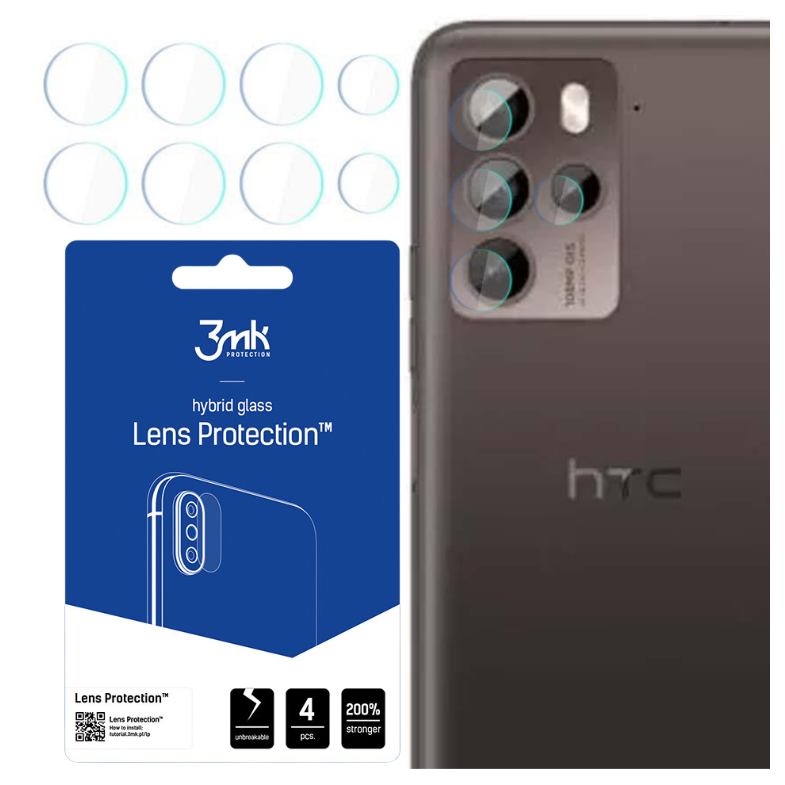 L'immagine mostra protezioni per lenti, un telefono e la confezione. Il telefono ha lenti della fotocamera. La confezione presenta il marchio e i dettagli del prodotto.