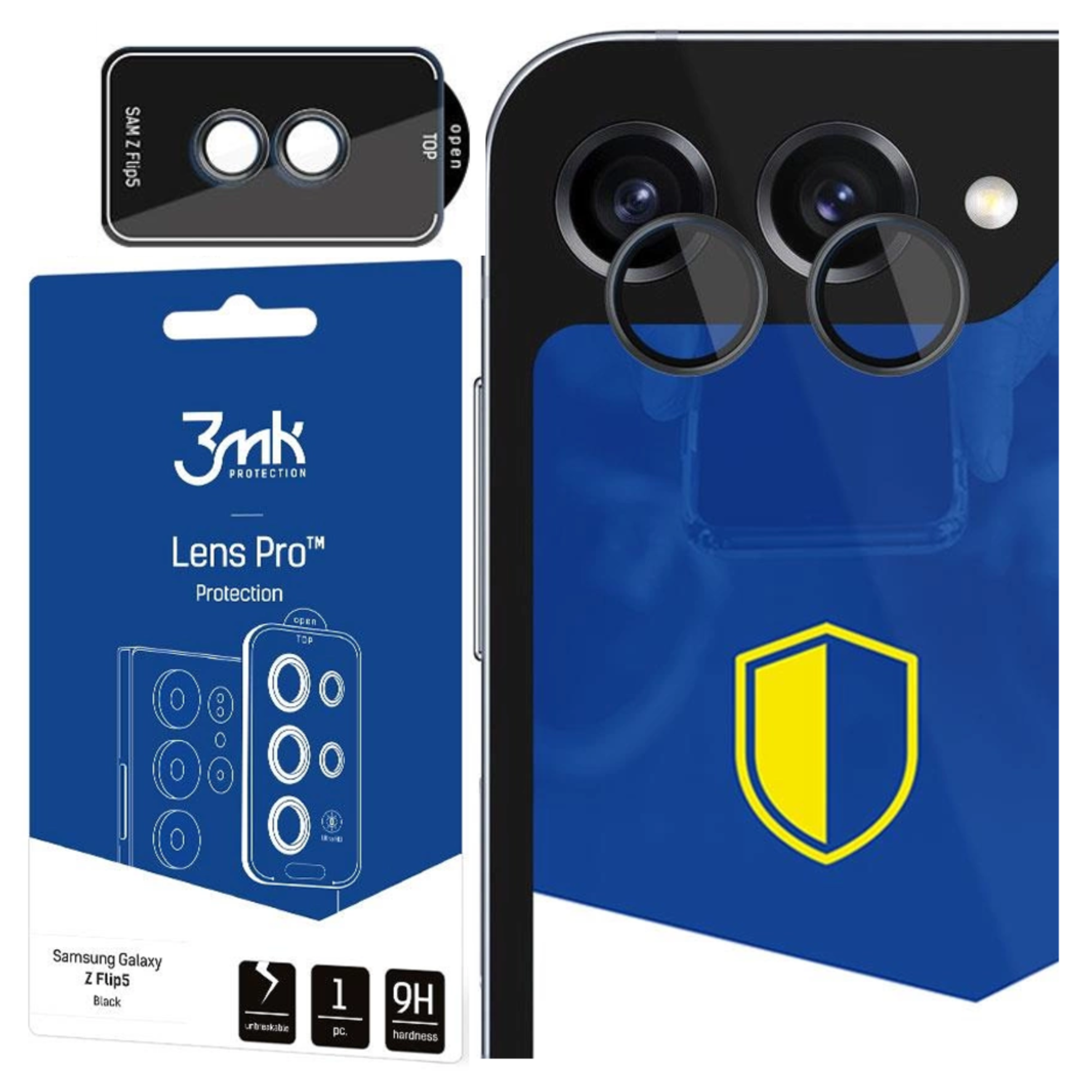 Un proteggi obiettivo per telefono e un telefono, con colori blu e nero. Un logo a scudo con giallo. Un pacco.