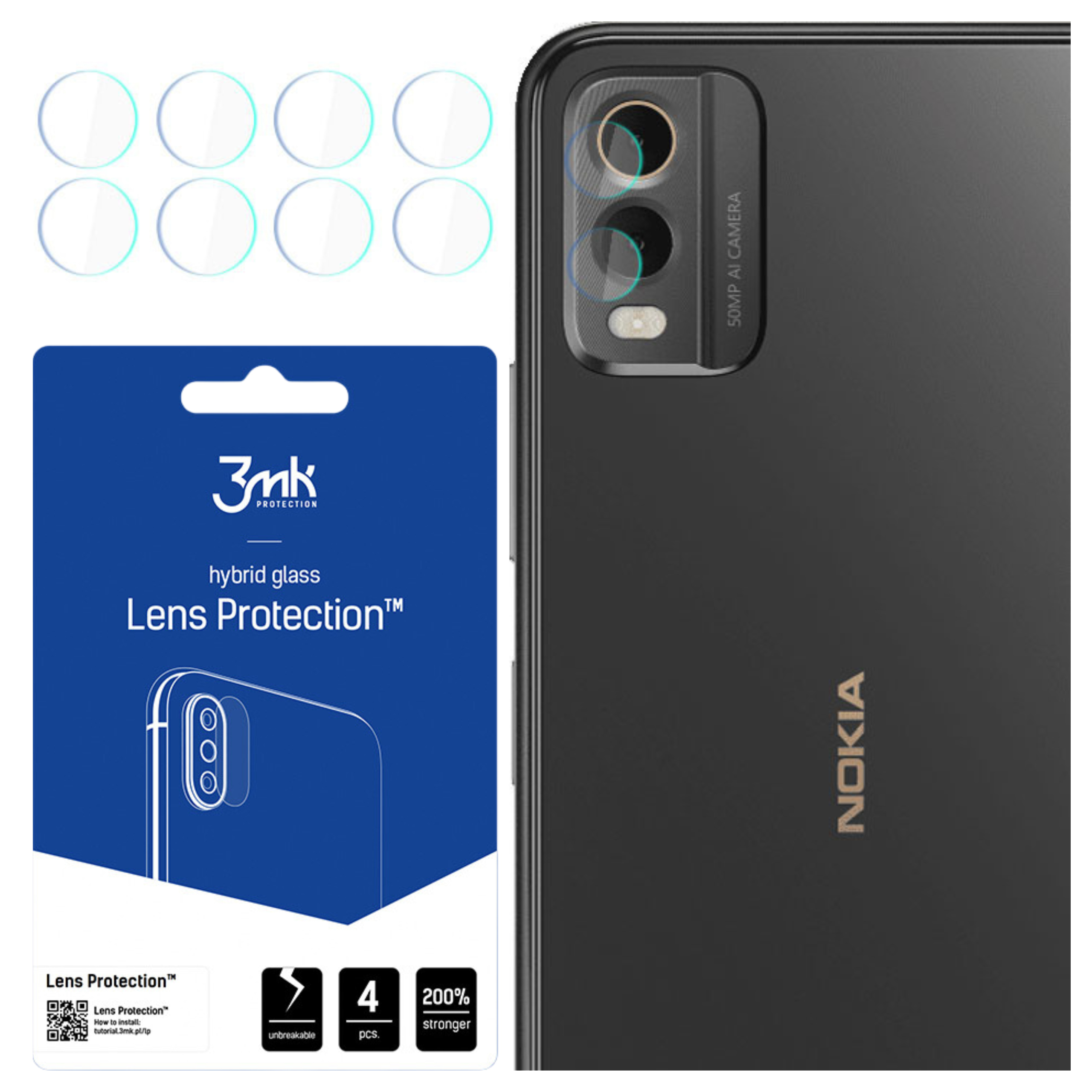 Vengono visualizzati un telefono e protezioni per lenti. Il telefono è nero con una fotocamera. Le protezioni sono trasparenti.