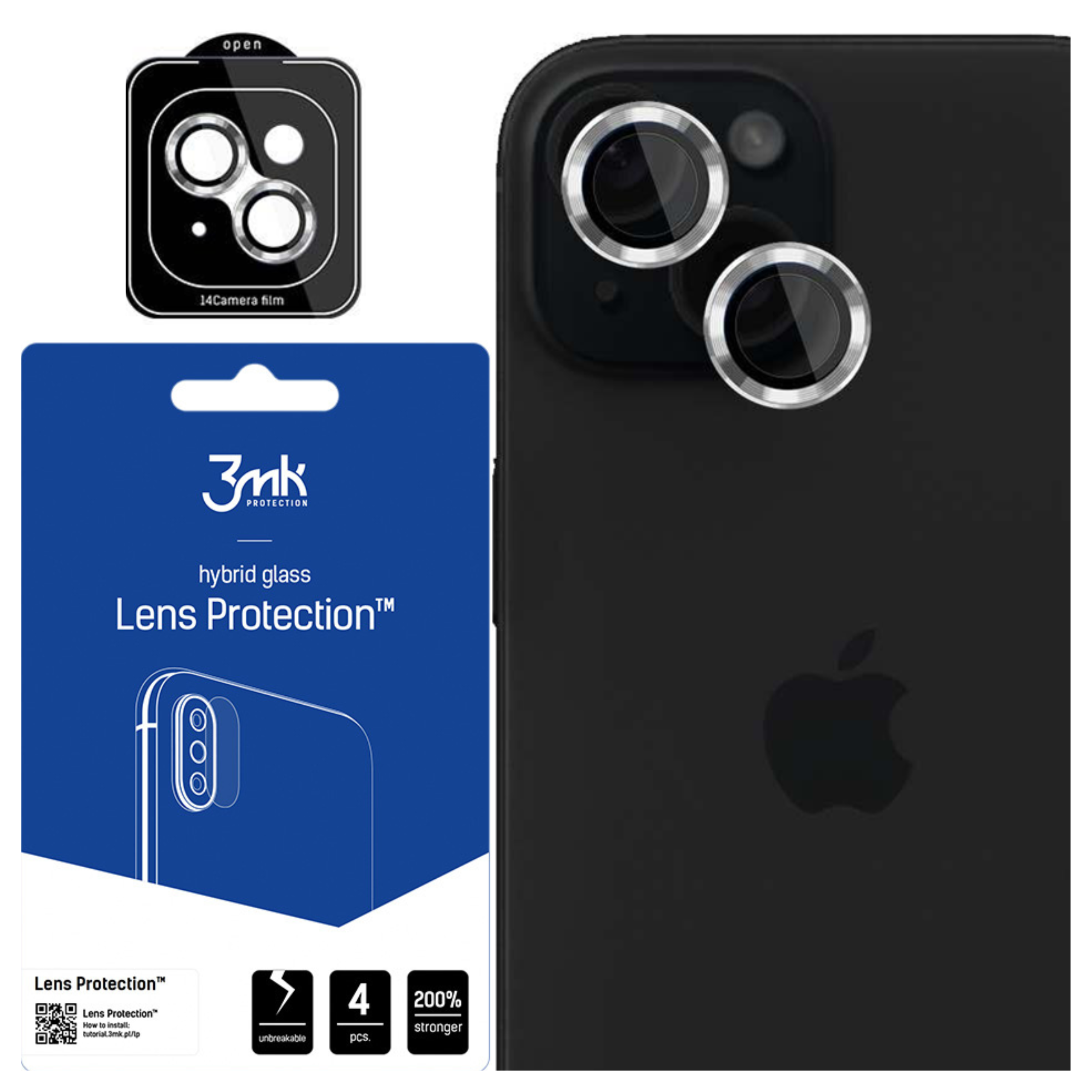 L'immagine mostra un iPhone con protezione per lenti e confezione. La protezione è per le lenti della fotocamera.