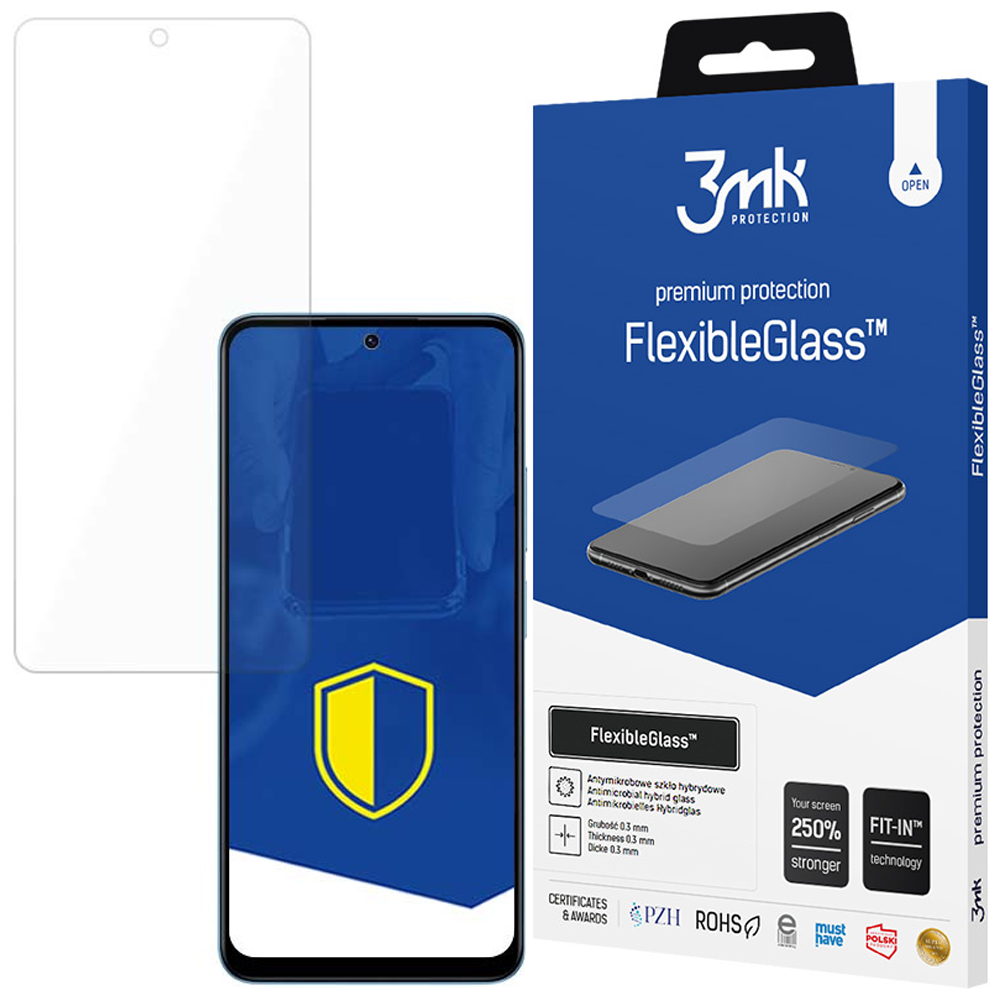 Vengono mostrati un telefono e una protezione per lo schermo. Una scatola mostra un telefono sulla protezione per lo schermo. Il testo dice FlexibleGlass.