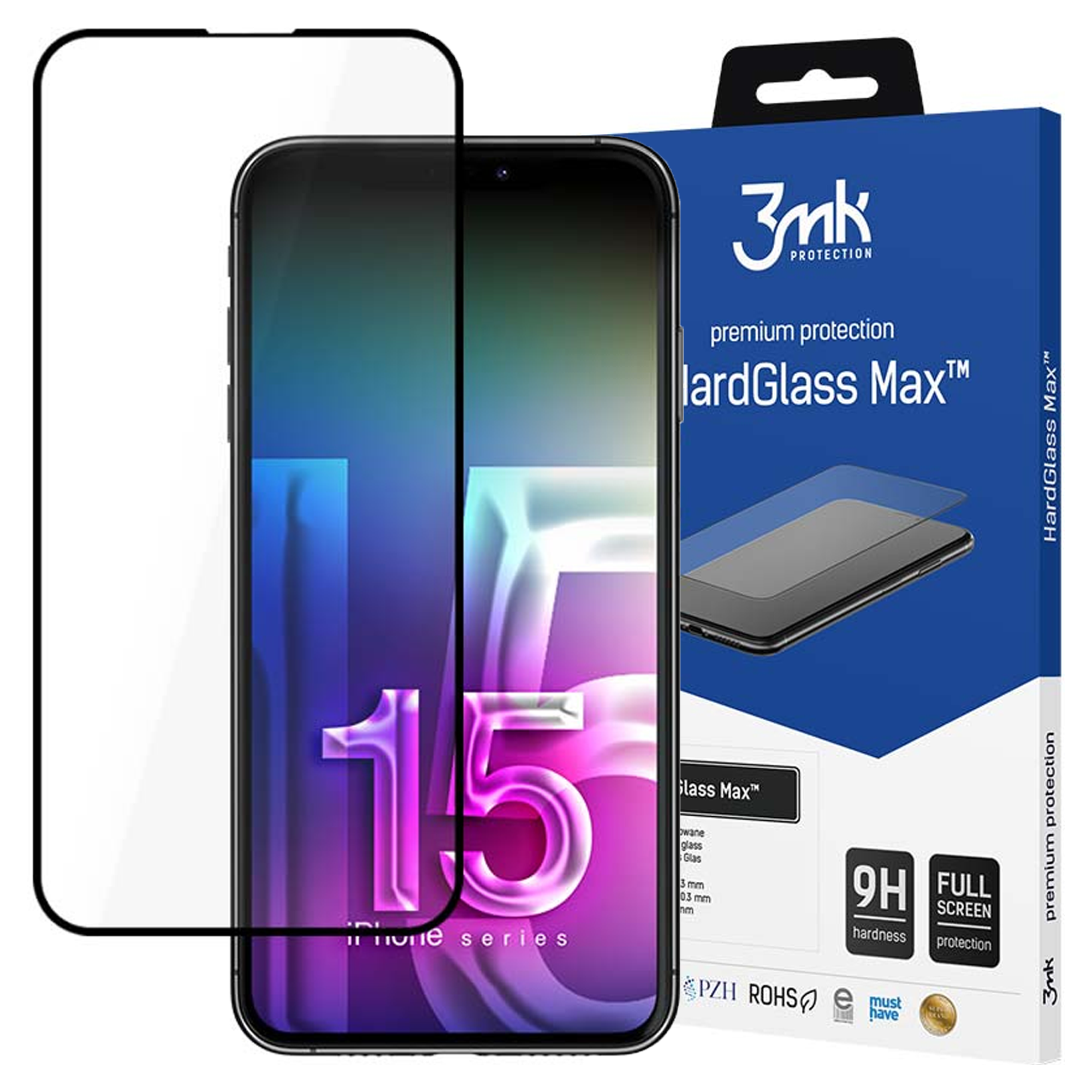 iPhone 15 z ochraniaczem ekranu, pudełkiem HardGlass Max i numerem 15 w kolorze fioletowym.