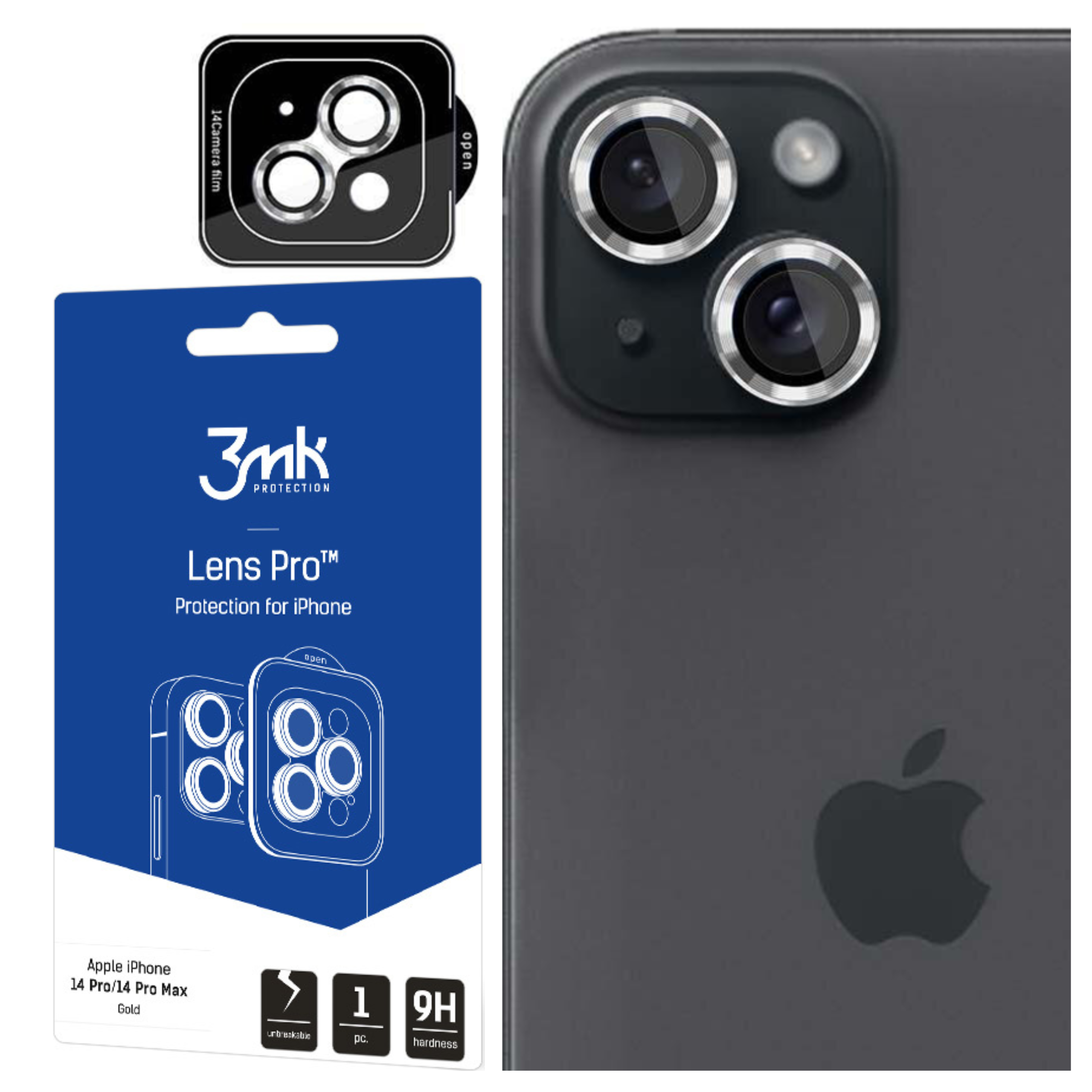 L'immagine mostra un iPhone con protezione per l'obiettivo della fotocamera. Una confezione blu mostra il prodotto con testo e dettagli del telefono.