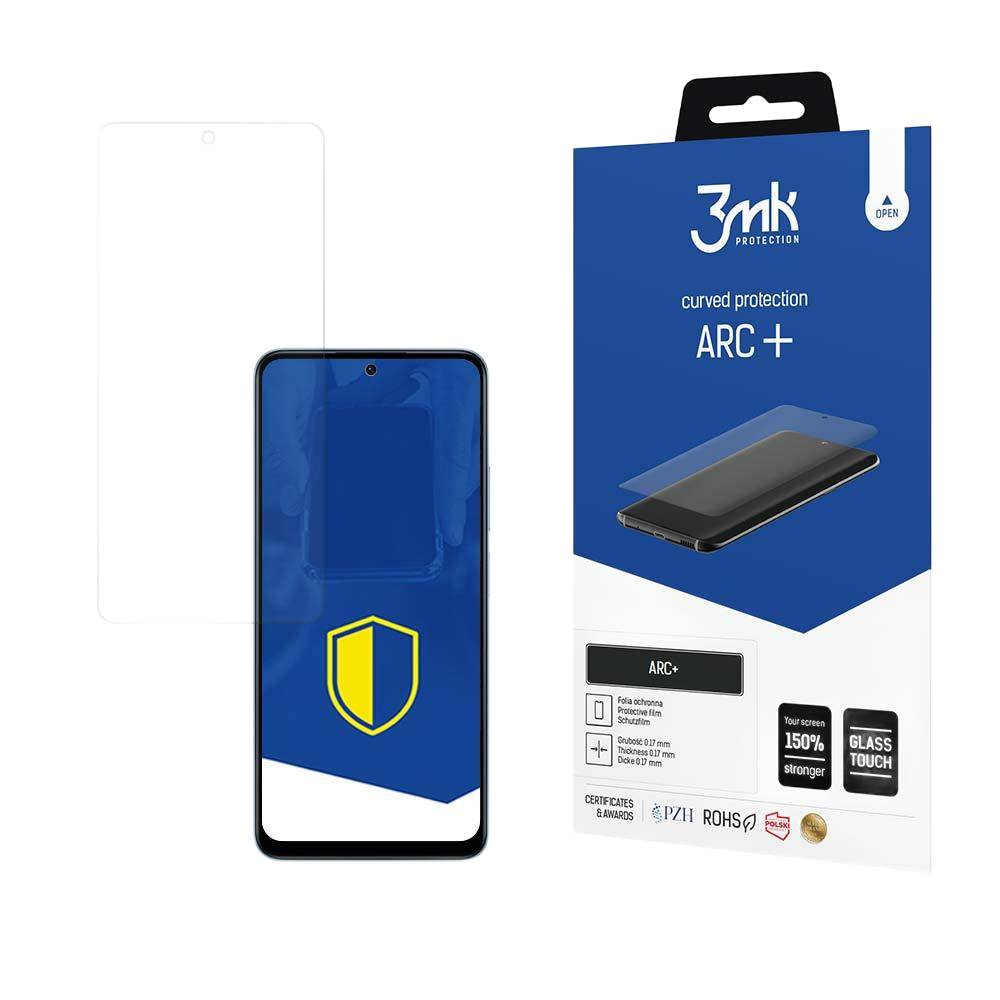 Confezione di protezione schermo con telefono, protezione e logo del marchio. I colori blu e bianco dominano il design.