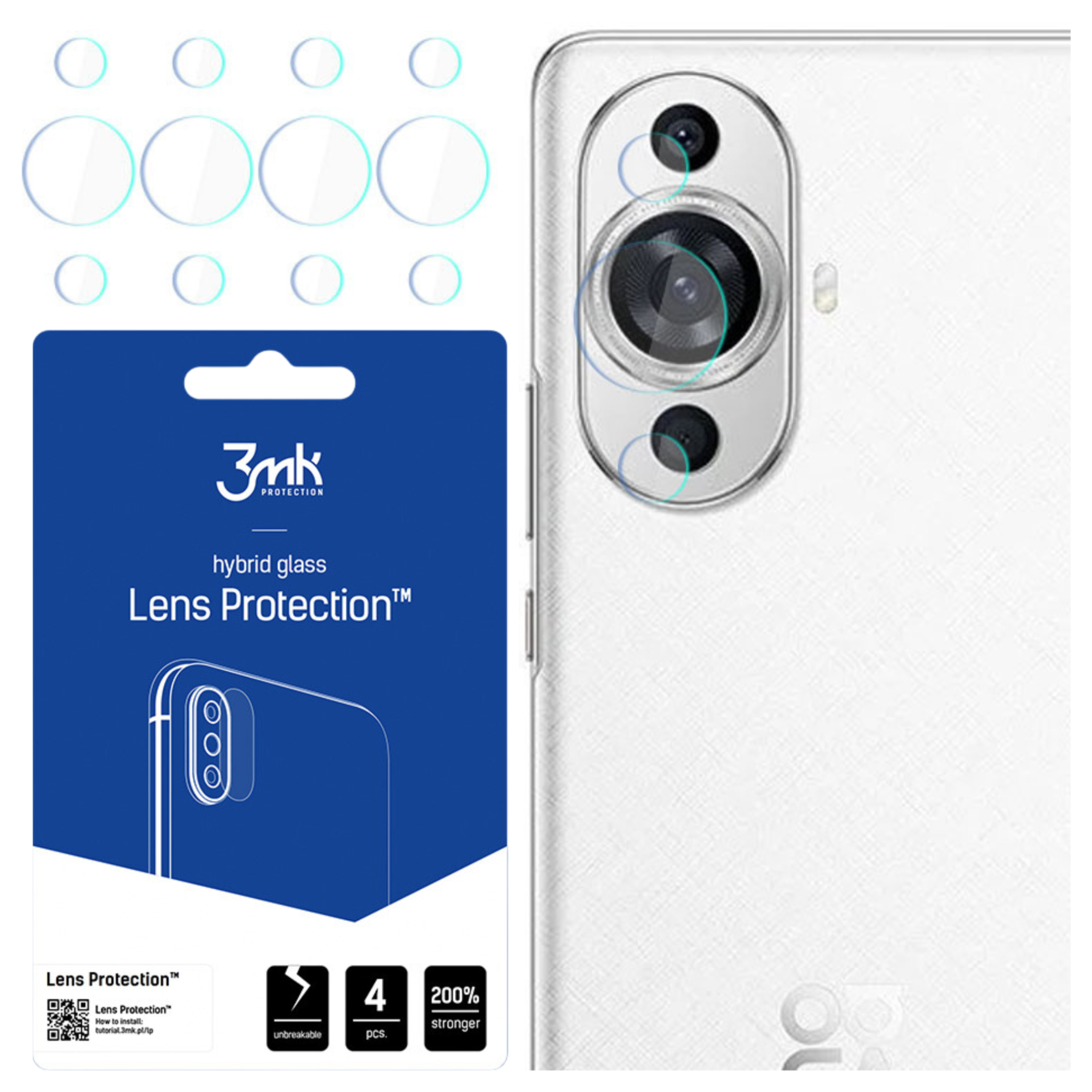 Retro del telefono con protezioni per lenti della fotocamera. A sinistra, un pacco blu con la scritta 'Lens Protection'.