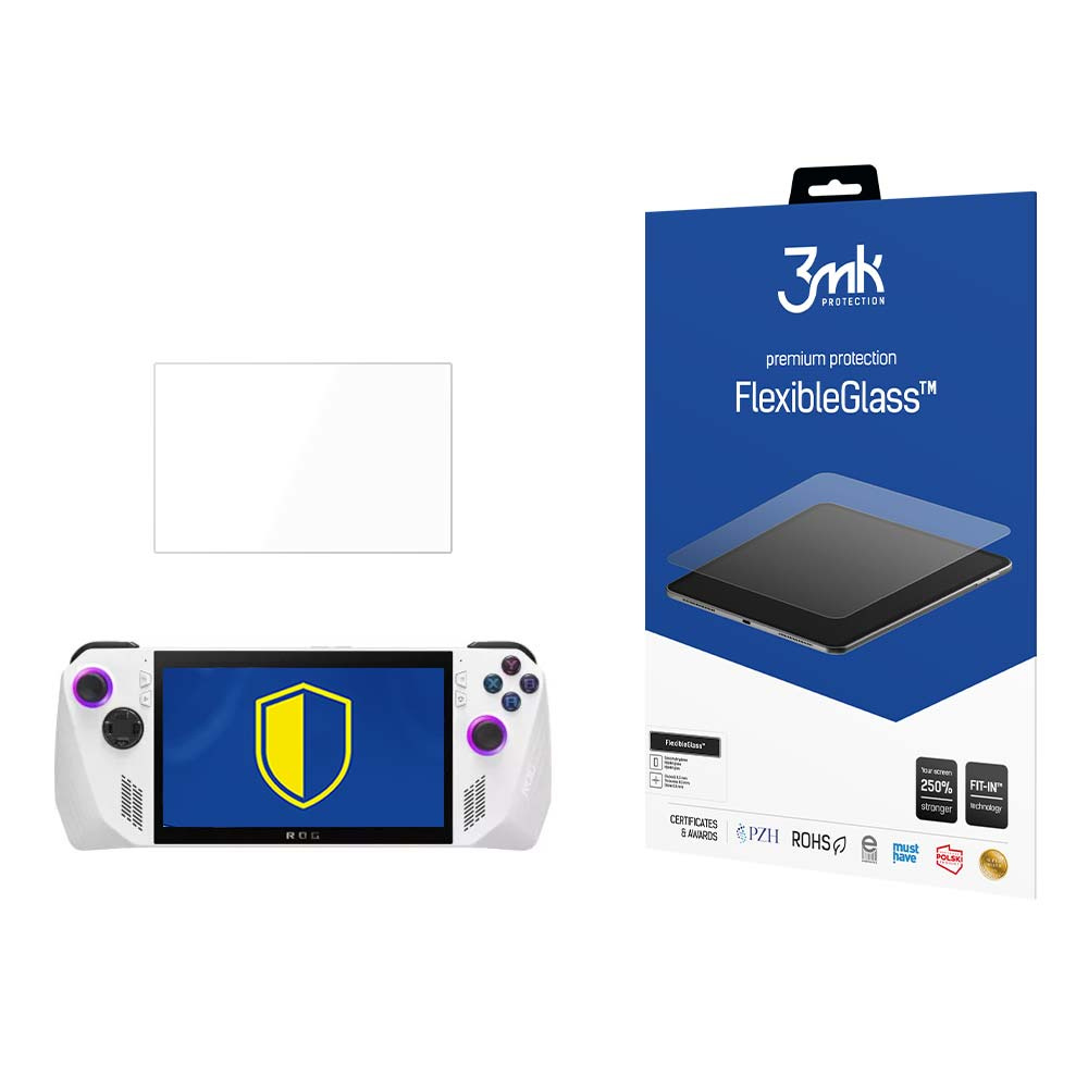 Obrazek przedstawia białą konsolę przenośną, osłonę ekranu i pudełko z napisem FlexibleGlass.